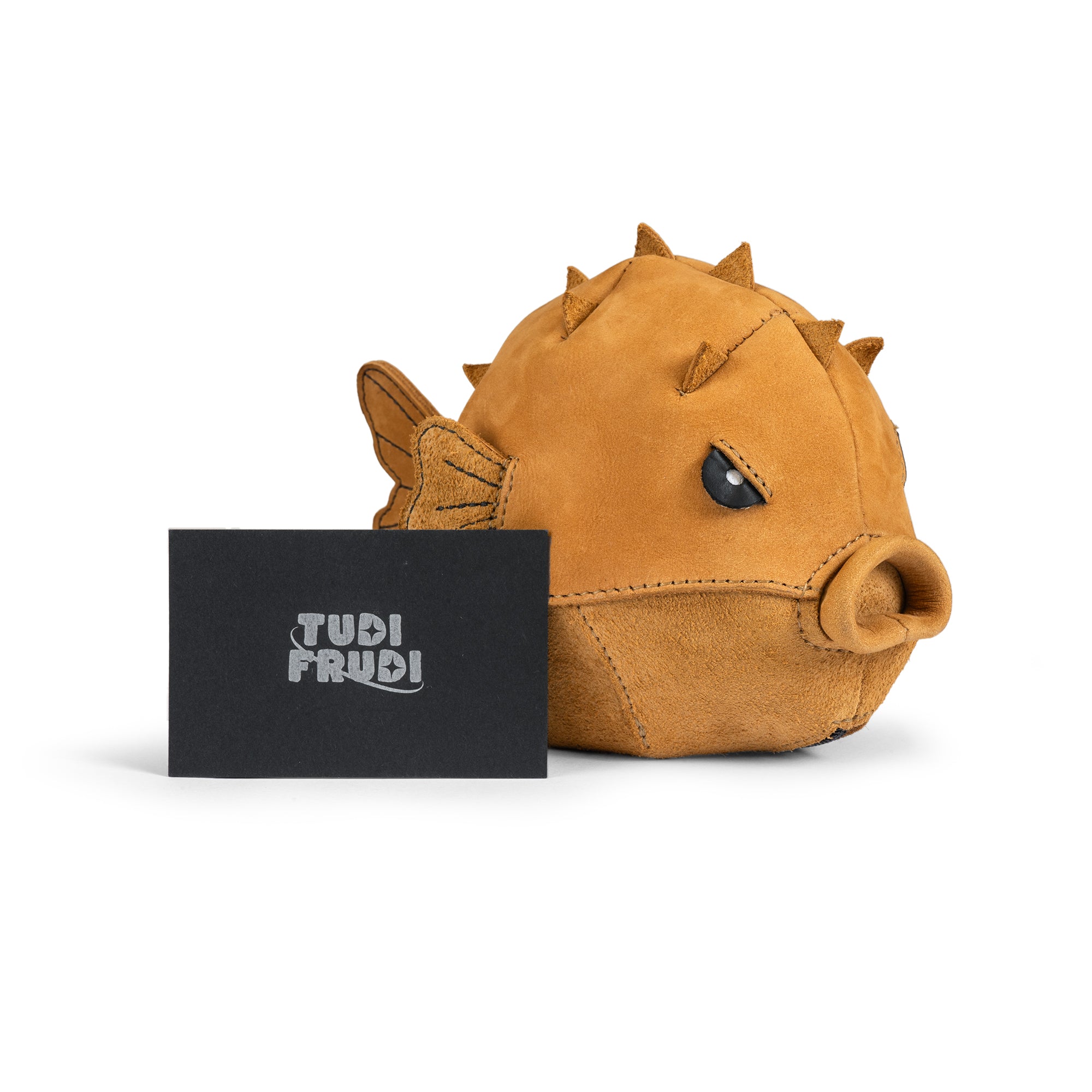 Leather Pufferfish Pouch by Tudi Frudi with a card, showcasing its stylish design for use as a zippered cash holder wallet for coins or an organized cable pouch. Crafted with love from full grain leather, this artisan piece stands out in small batch production.