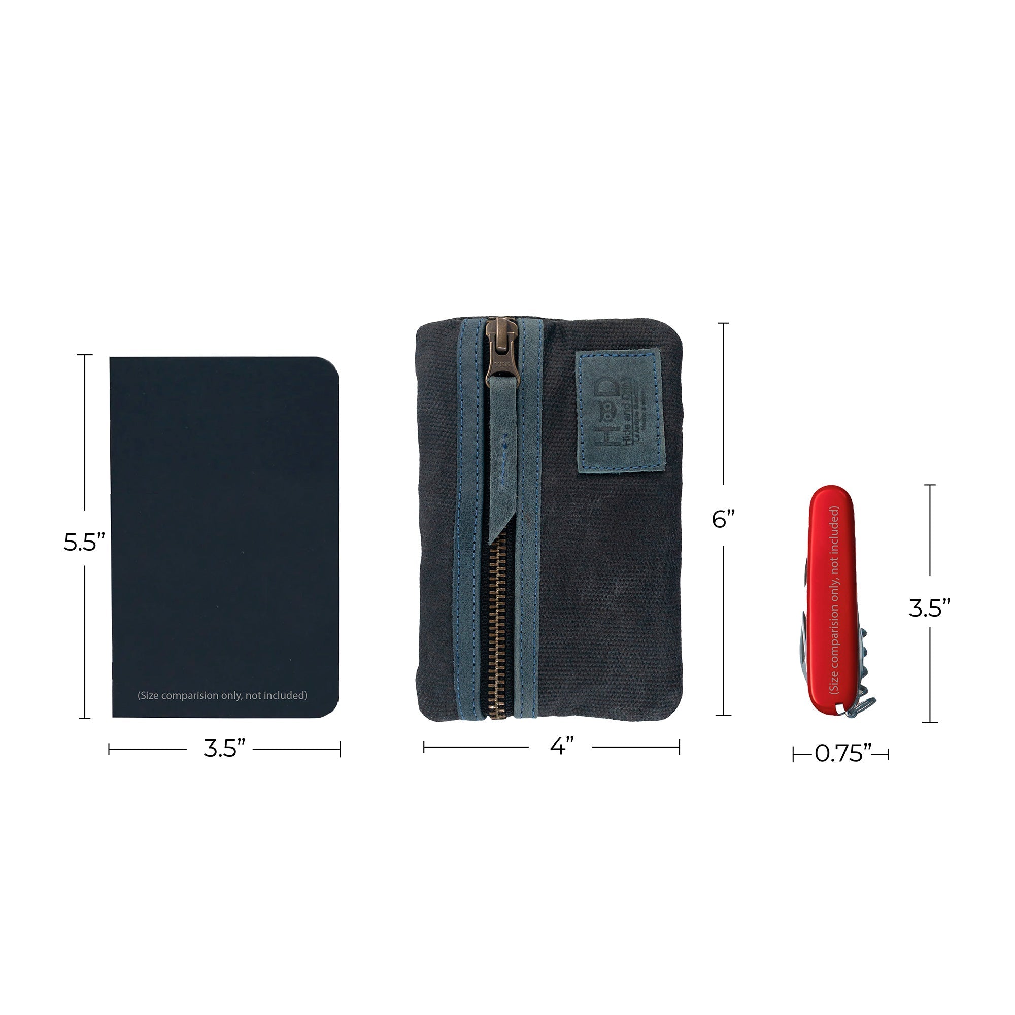 Dimensions of the dark grey Multi-tool Pocket Pouch by Hide & Drink, pictured alongside tools for practical reference.