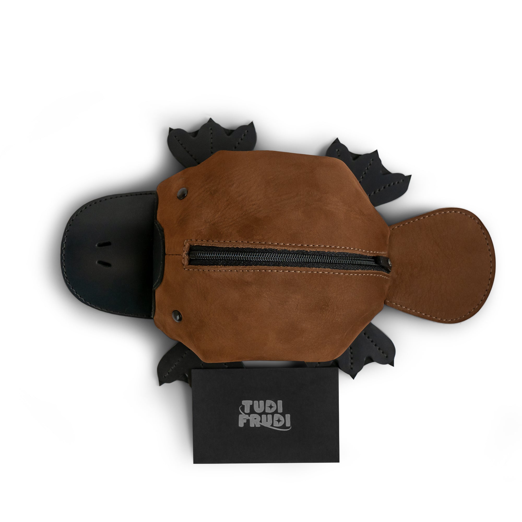 Top view of the Tudi Frudi Leather Platypus Pouch with logo, highlighting its role as a small coin organizer and zippered cash holder wallet for coins. This unique change purse is a stylish choice for men and women, made from premium full grain leather. Each pouch is crafted through small batch production with hand cut, hand sewn details, showcasing artisan workmanship made in La Antigua Guatemala & Oaxaca Mexico.
