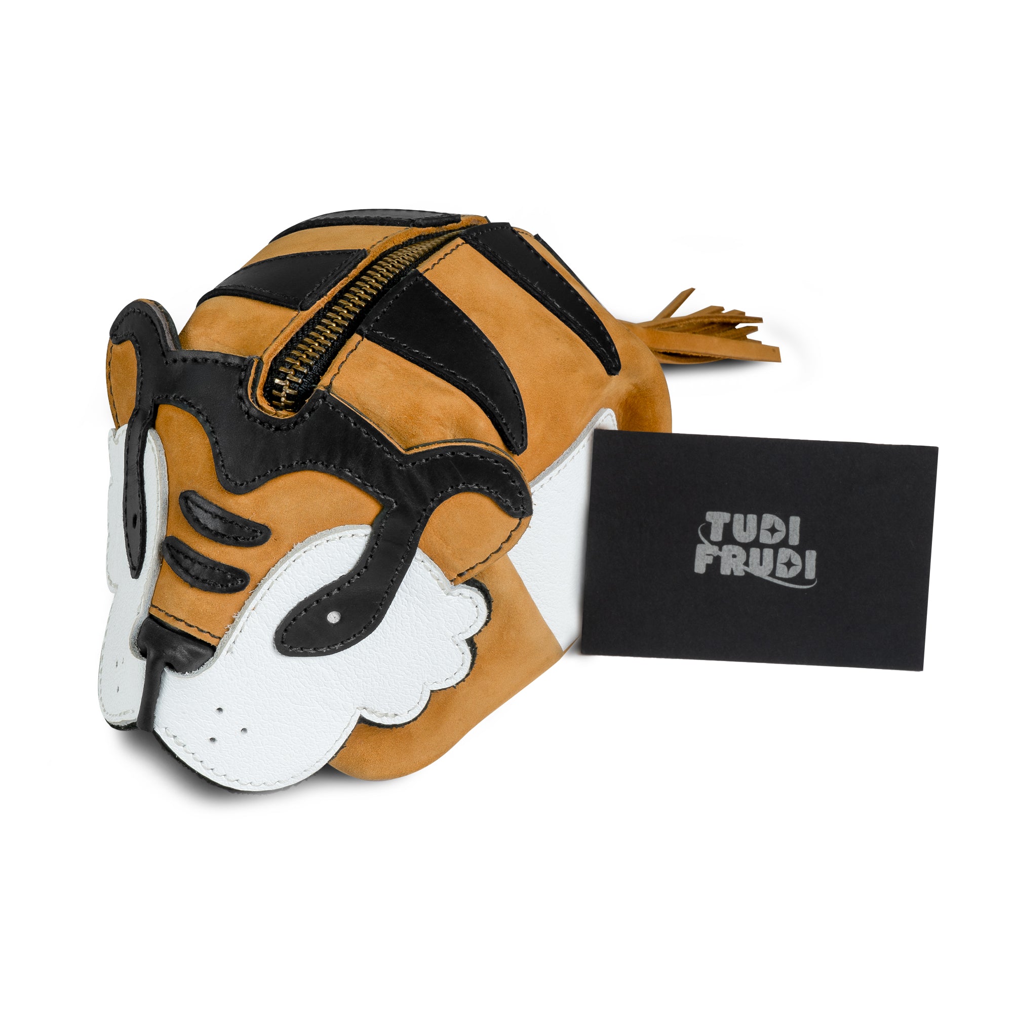 Tiger Leather Pouch from Tudi Frudi with branding, showcasing its artisan quality. This stylish Tiger-Shaped Pouch serves as a Leather Coin Purse or Change Bag, made from Full Grain Leather, hand cut and sewn, perfect for storing small items in style.