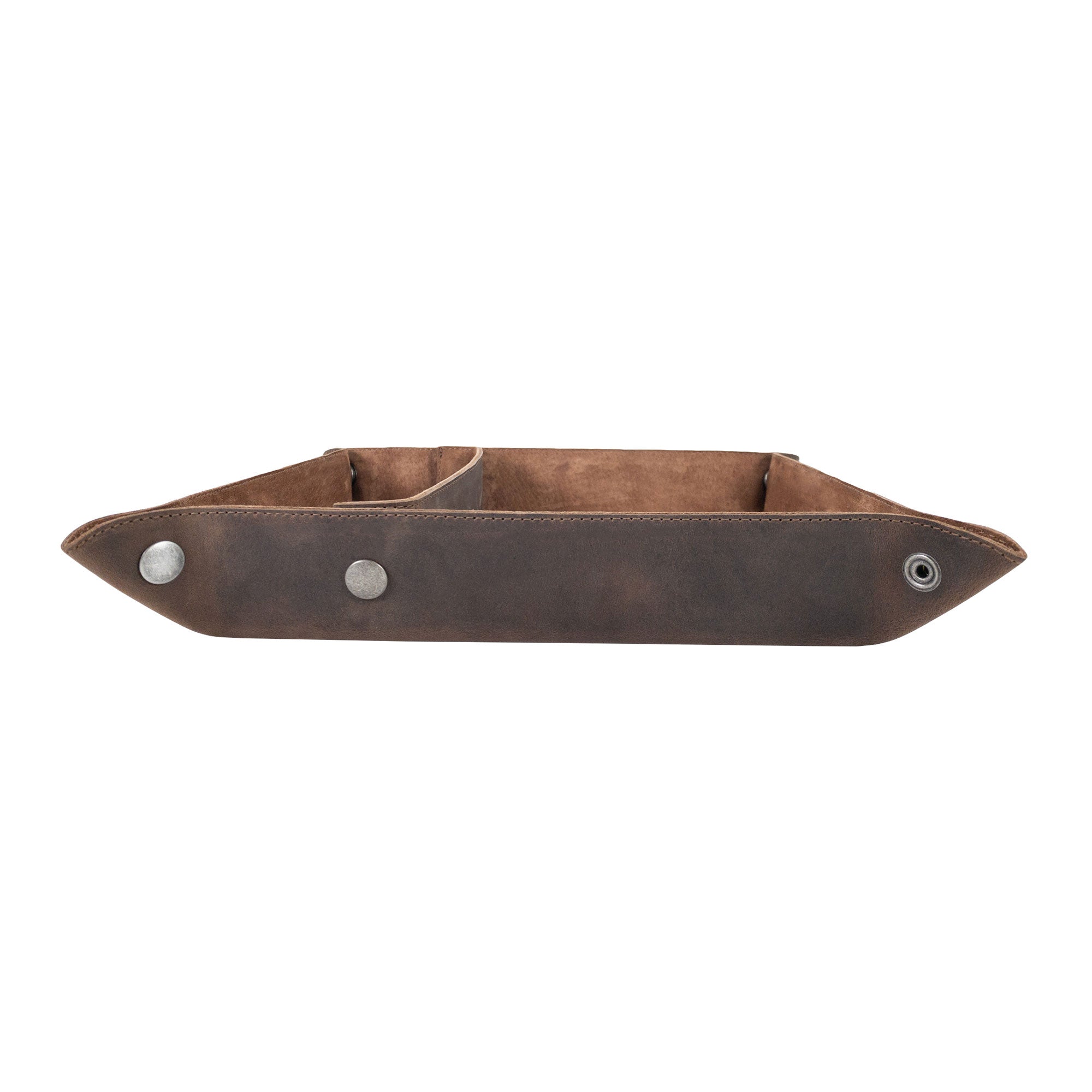 A side view of the Rectangular Catchall with Removable Compartment by Hide & Drink, emphasizing its functional design and quality materials. This desktop storage solution, made from Full Grain Leather & Sheepskin, is a testament to Small Batch Production, Hand Cut, Hand Sewn, and Fire Branded craftsmanship, lovingly handmade in La Antigua Guatemala & Oaxaca Mexico.