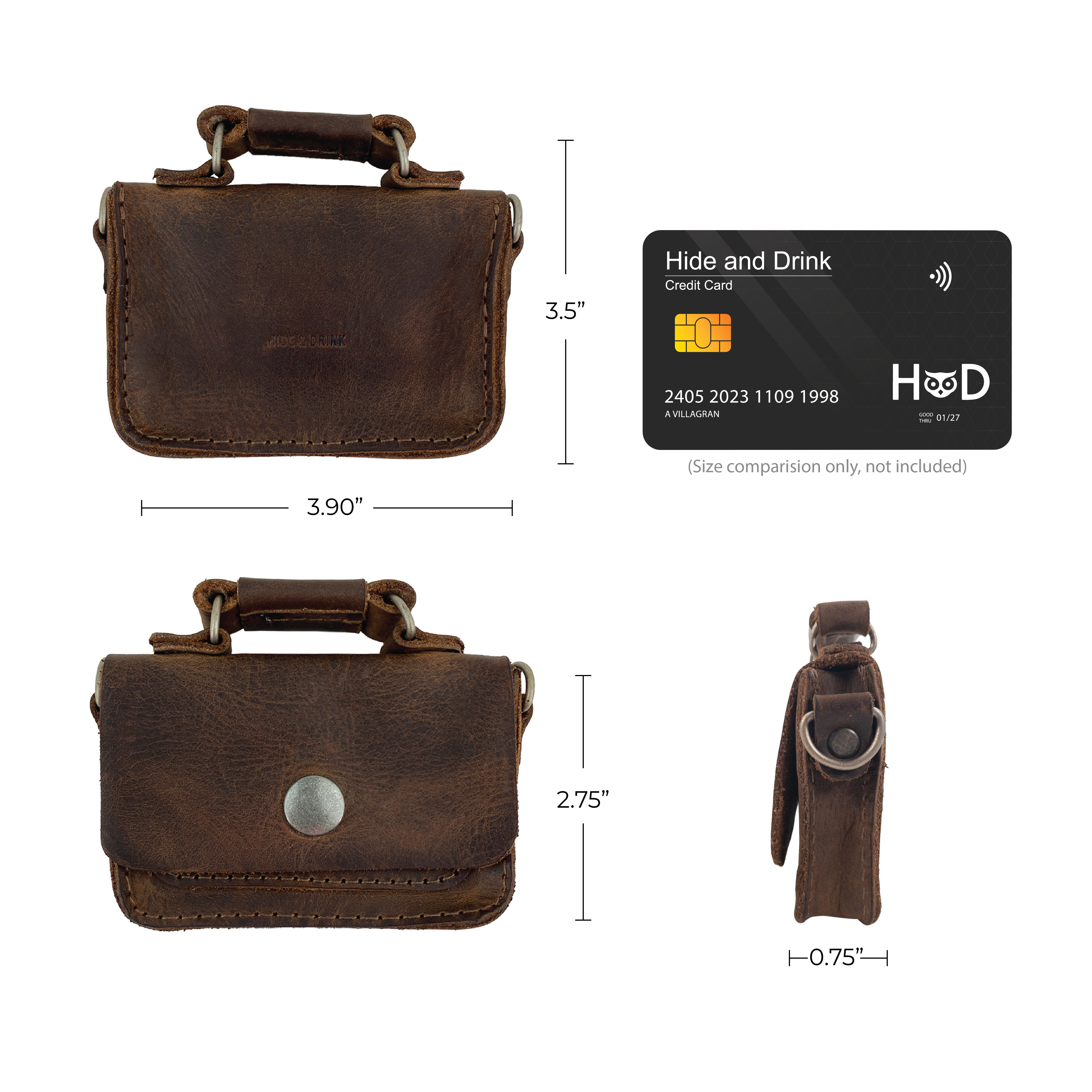Dimensions of Hide & Drink's Card Holder Briefcase Style laid out alongside a credit card, showcasing the Mini Briefcase Card Holder from Full Grain Leather. Perfect for holding up to 10 cards and folded bills, this artisan case is a reliable cash organizer demonstrating handcrafted excellence from La Antigua Guatemala & Oaxaca Mexico.