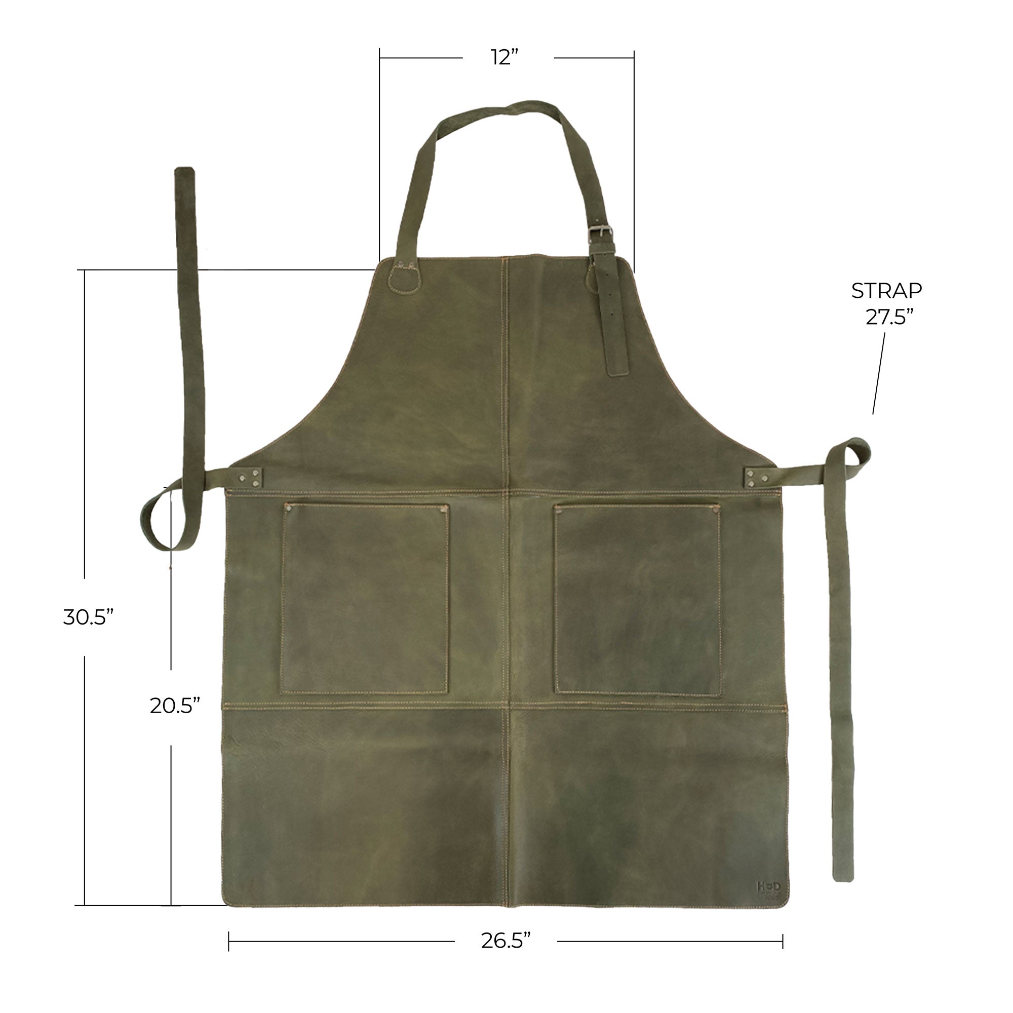 Hide & Drink Leather Apron modeled with a person holding tools, showcasing its large pockets and sturdy design, emphasizing its handcrafted quality from full grain leather.