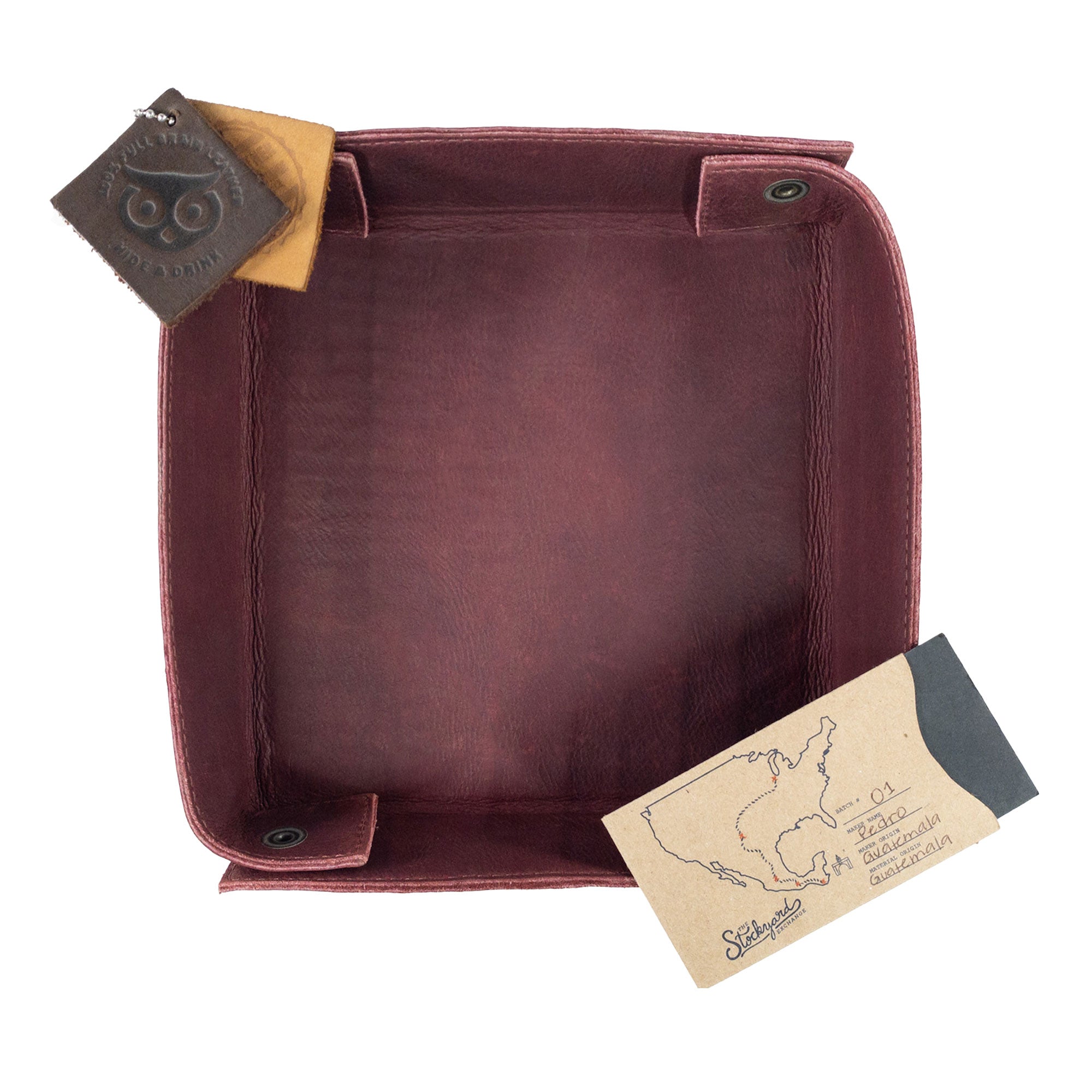 Hide & Drink Jumbo Tray, crafted from quality full grain leather for organizing small items like smartphones and keys. This artisan catchall emphasizes vintage style and is handmade in La Antigua Guatemala.