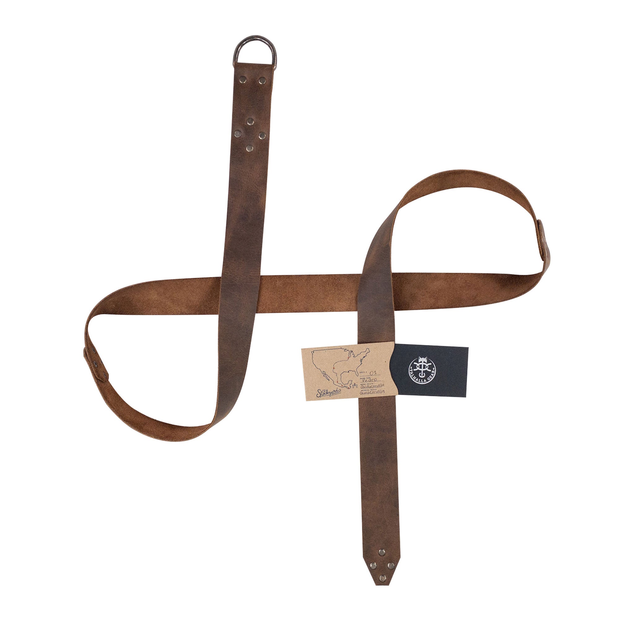 Viking Belt for Men by Valhalla Gear laid out with accompanying card, showcasing its handcrafted nature and Half Ring Closure made from Full Grain Leather. A perfect Renaissance Knight accessory, emphasizing small batch production, artisan craftsmanship, and handmade techniques in La Antigua Guatemala & Oaxaca Mexico.