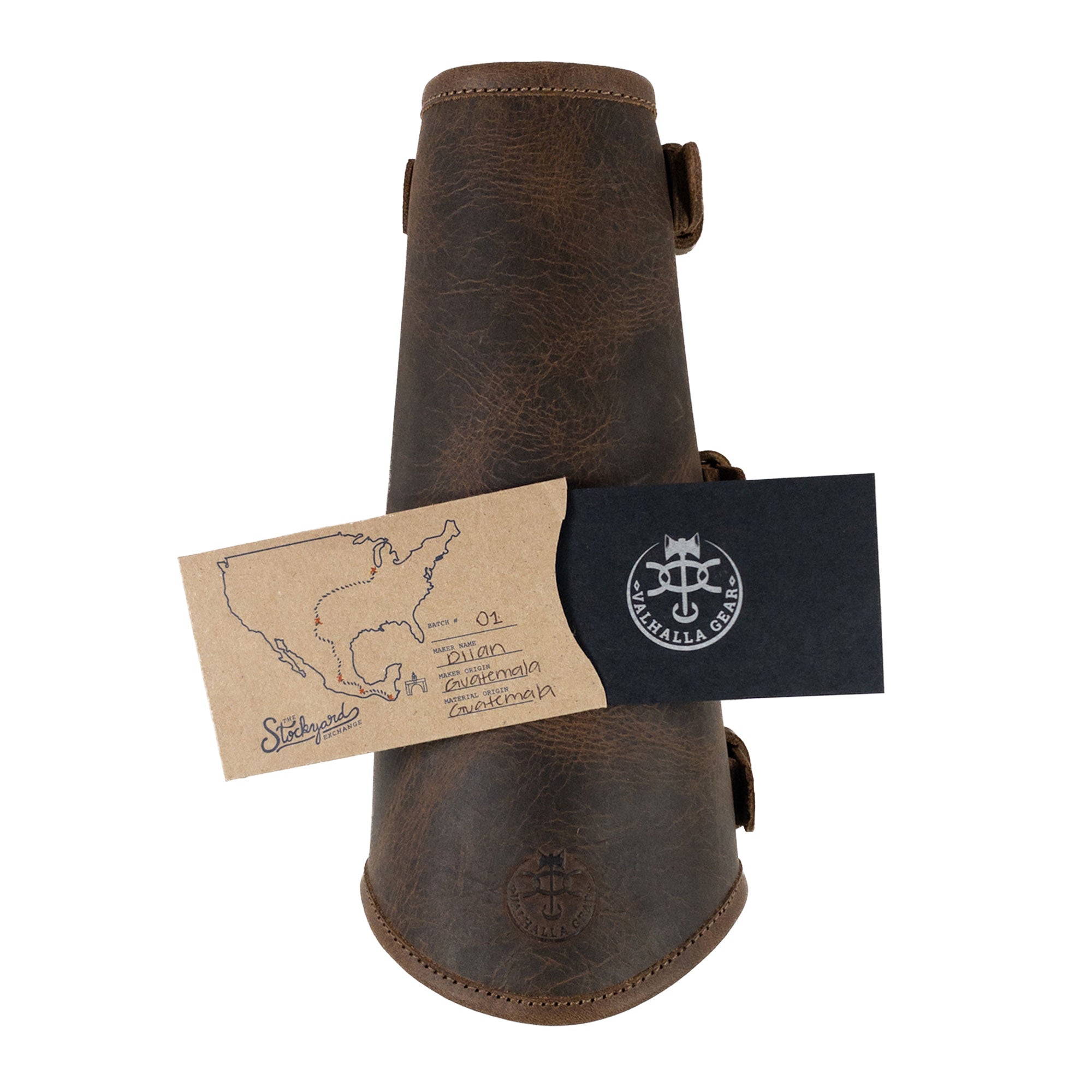 Packaging of the Rustic Archery Bracer by Valhalla Gear, featuring a card that highlights its artisan origins. This forearm protector, made from full grain leather, is designed for knights and cosplay, showcasing the craftsmanship of small batch production handmade in La Antigua Guatemala & Oaxaca Mexico.