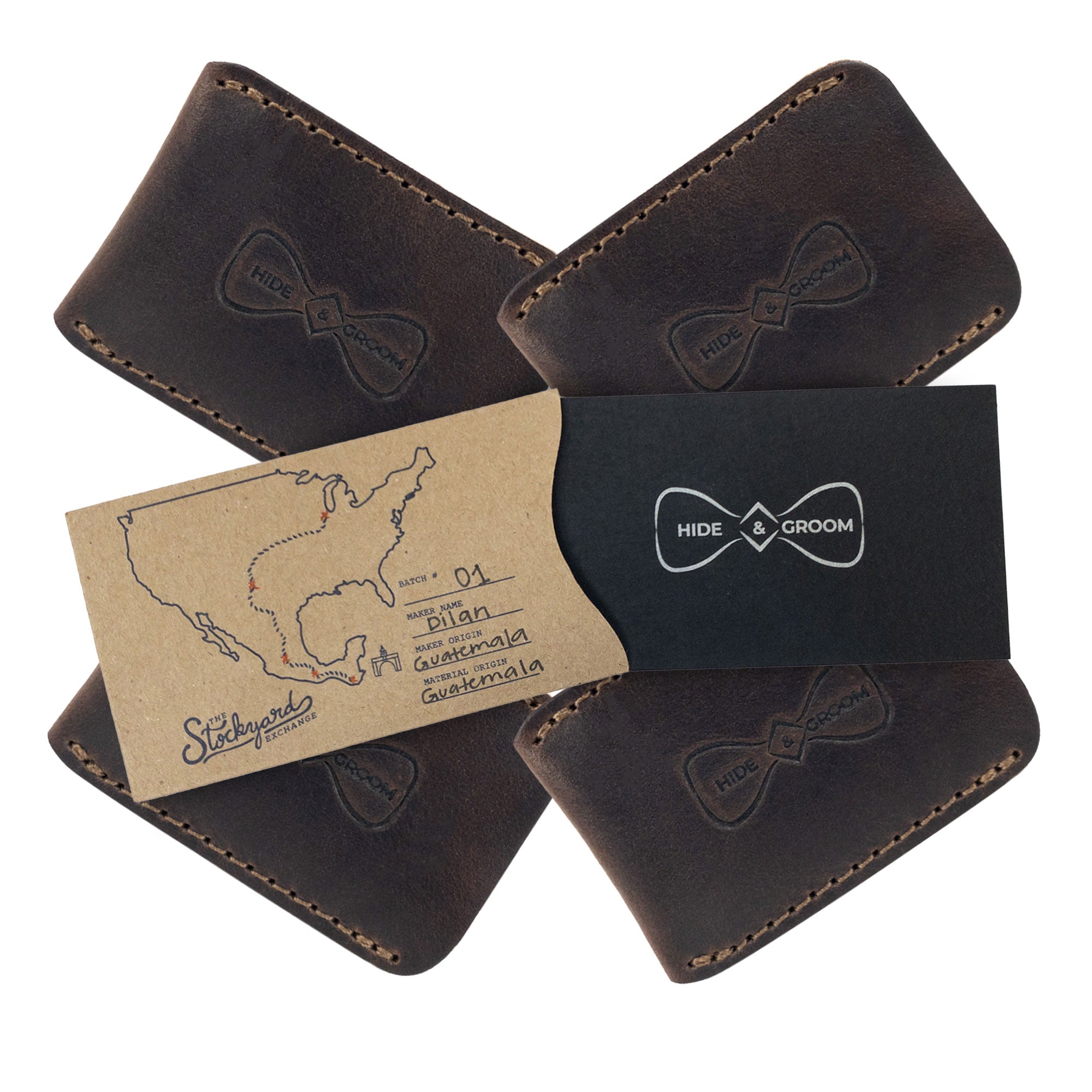Presentation of the Set of 4 Double Edge Safety Razor Head Protective Sheath by Hide & Groom, accompanied by a stylish packaging. This artisan full grain leather gadget makes an excellent gift for groomsmen, blending safety and elegance. Handmade in La Antigua Guatemala & Oaxaca Mexico.