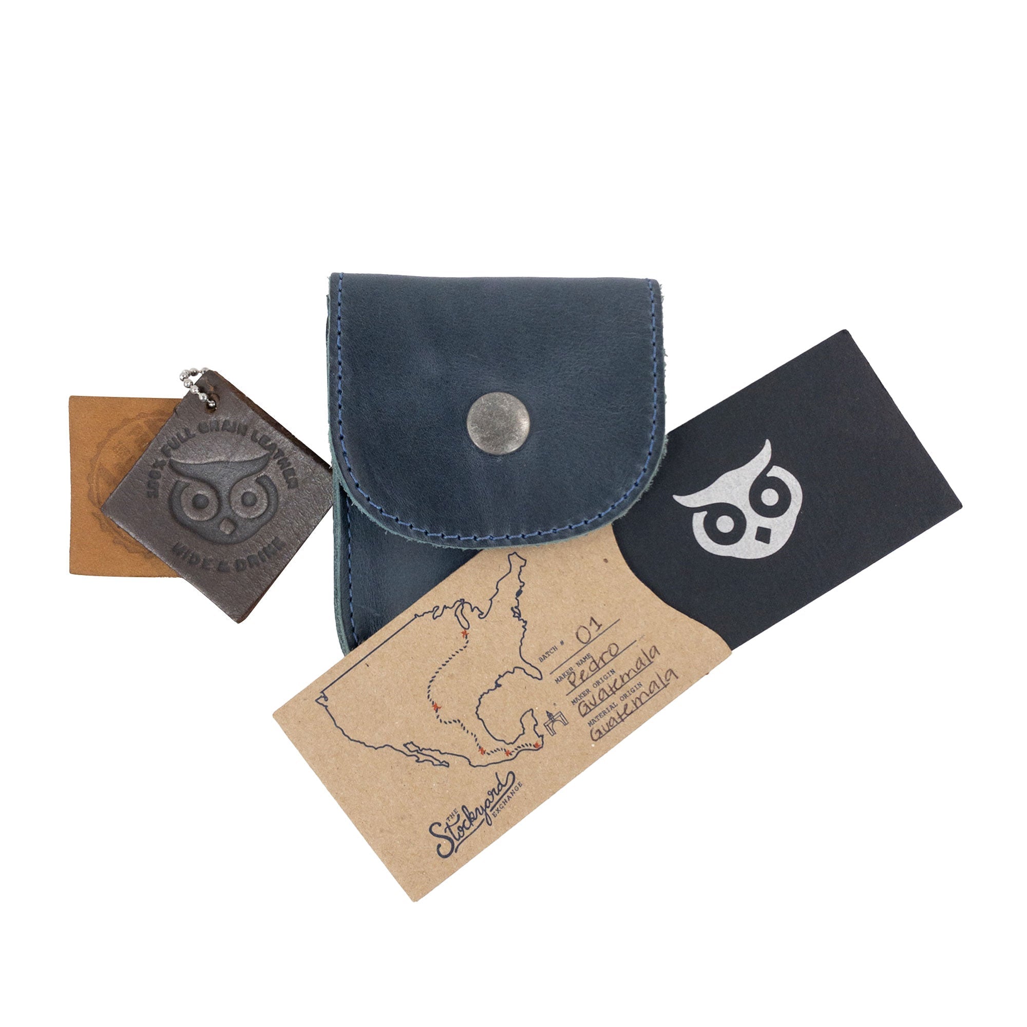 Holster Pouch by Hide & Drink displayed alongside brand cards, representing its quality and artisan craftsmanship. This stylish full grain leather product is ideal for personal items, made in La Antigua Guatemala.