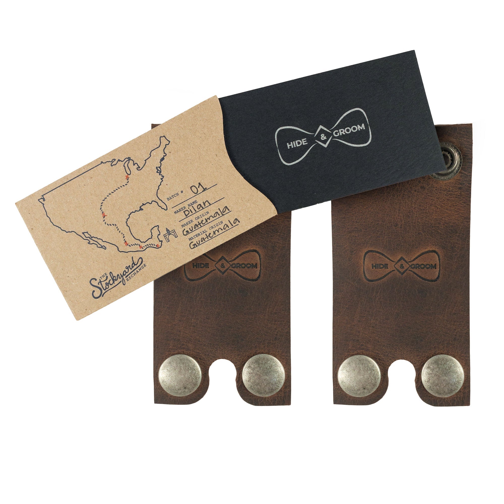 Creative packaging of the Set of 2 Double Edge Safety Razor Head Protective Sheath by Hide & Groom, emphasizing the artisan craftsmanship in full grain leather. A thoughtful gift for groomsmen, featuring a snap closure for ease of travel. StockyardX, small batch production, hand cut, hand sewn, fire branded, artisan, handmade in La Antigua Guatemala & Oaxaca Mexico.