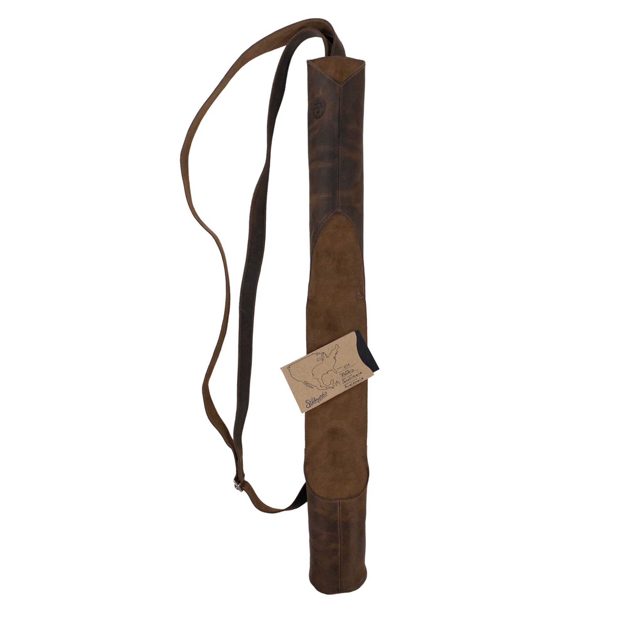 Valhalla Gear Opened Quiver with a personalized tag, highlighting the Opened Back Quiver with Adjustable Strap crafted from high-quality Full Grain Leather. This piece is a product of Small Batch Production, Hand Cut, Hand Sewn, and Fire Branded by skilled artisans. Handmade in La Antigua Guatemala & Oaxaca Mexico.