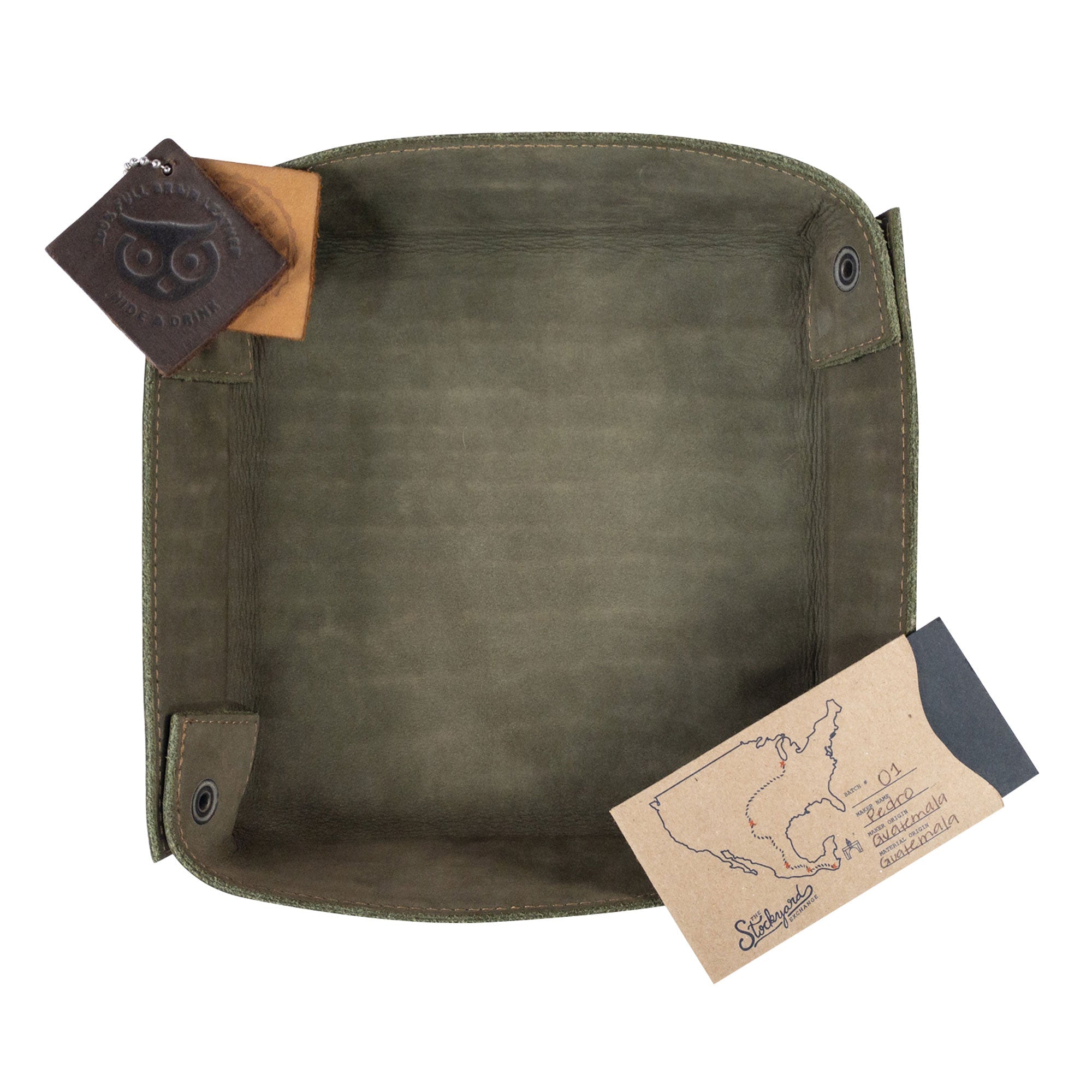 Hide & Drink Jumbo Tray, featuring a stylish vintage design made from durable full grain leather, perfect for easy access to small items like coins and gadgets. Handmade in La Antigua Guatemala with artisan techniques.