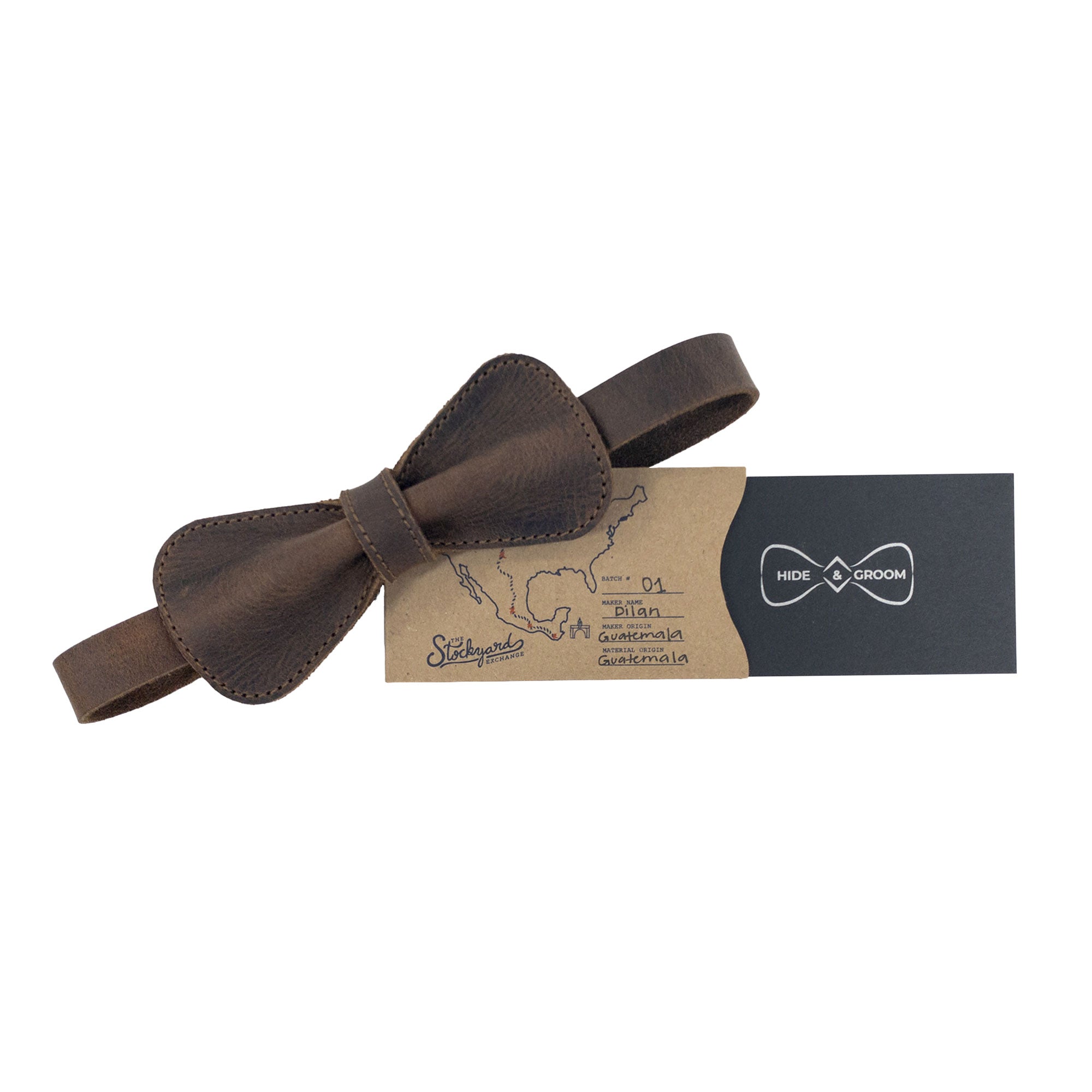 Rounded Bow Tie for Groomsmen by Hide & Groom with packaging that highlights its artisan origin and unique design. Made from full grain leather, this stylish pre-tied bow tie is a must-have for formal wear and groomsmen accessories.