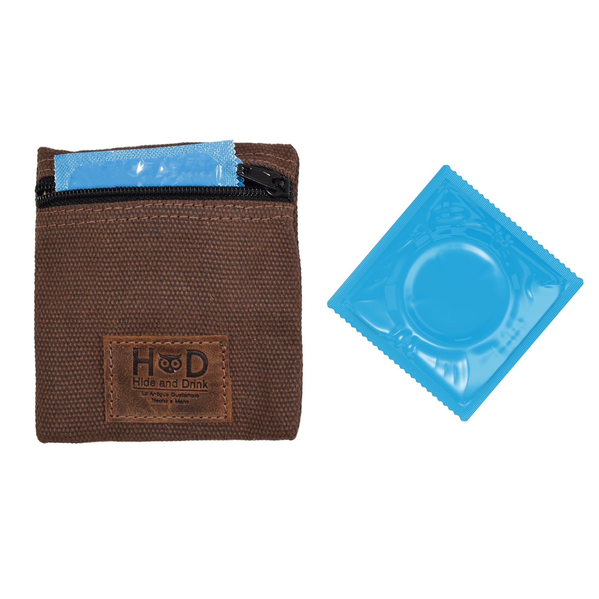 Hide & Drink Condom Pouch featuring a blue condom, crafted from water resistant waxed canvas. This pouch serves as a practical change or tech pocket purse, making it a classic partner gift. Ideal for travel and honeymoon essentials, handmade by artisans in La Antigua Guatemala.
