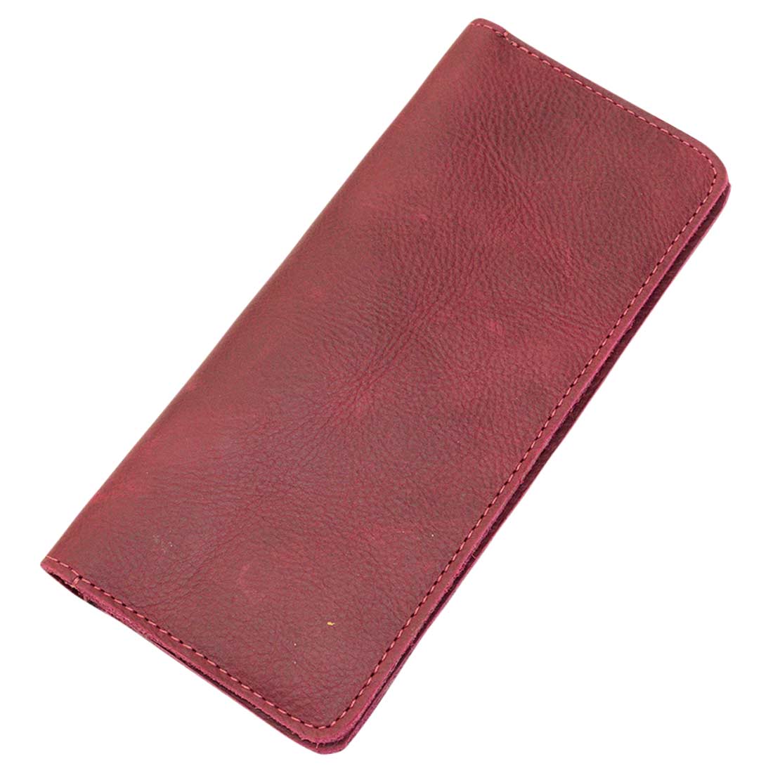 Closed red bifold wallet for cellphone by Hide & Drink, featuring a sleek design and durable Full Grain Leather. This Bifold Wallet for Cellphone is a great accessory that combines style and practicality, handcrafted through small batch production by talented artisans in La Antigua Guatemala & Oaxaca Mexico.