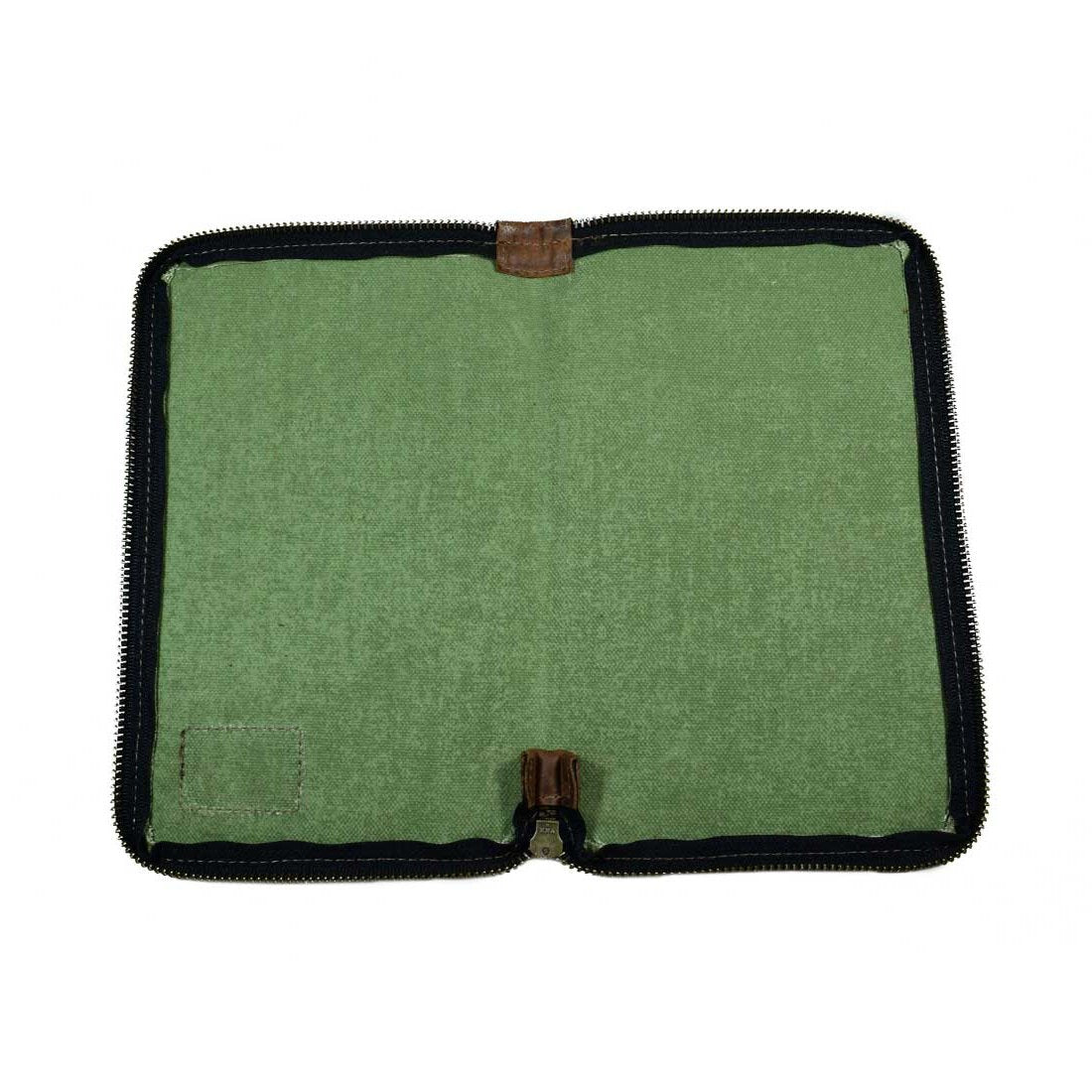 View of the Waxed Canvas Zippered Journal Cover for Moleskine (Notebook NOT Included) by Hide & Drink, displaying premium craftsmanship with Full Grain Leather. Ideal for Cahier Cases and designed by artisans in La Antigua Guatemala & Oaxaca Mexico.
