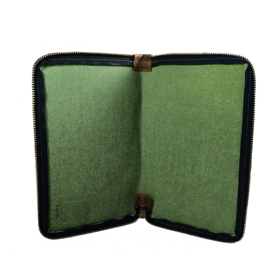 Back view of the Waxed Canvas Zippered Journal Cover for Moleskine (Notebook NOT Included) by Hide & Drink, highlighting its durable green Canvas design. A functional Cahier Case handmade from Full Grain Leather by artisans in La Antigua Guatemala & Oaxaca Mexico.
