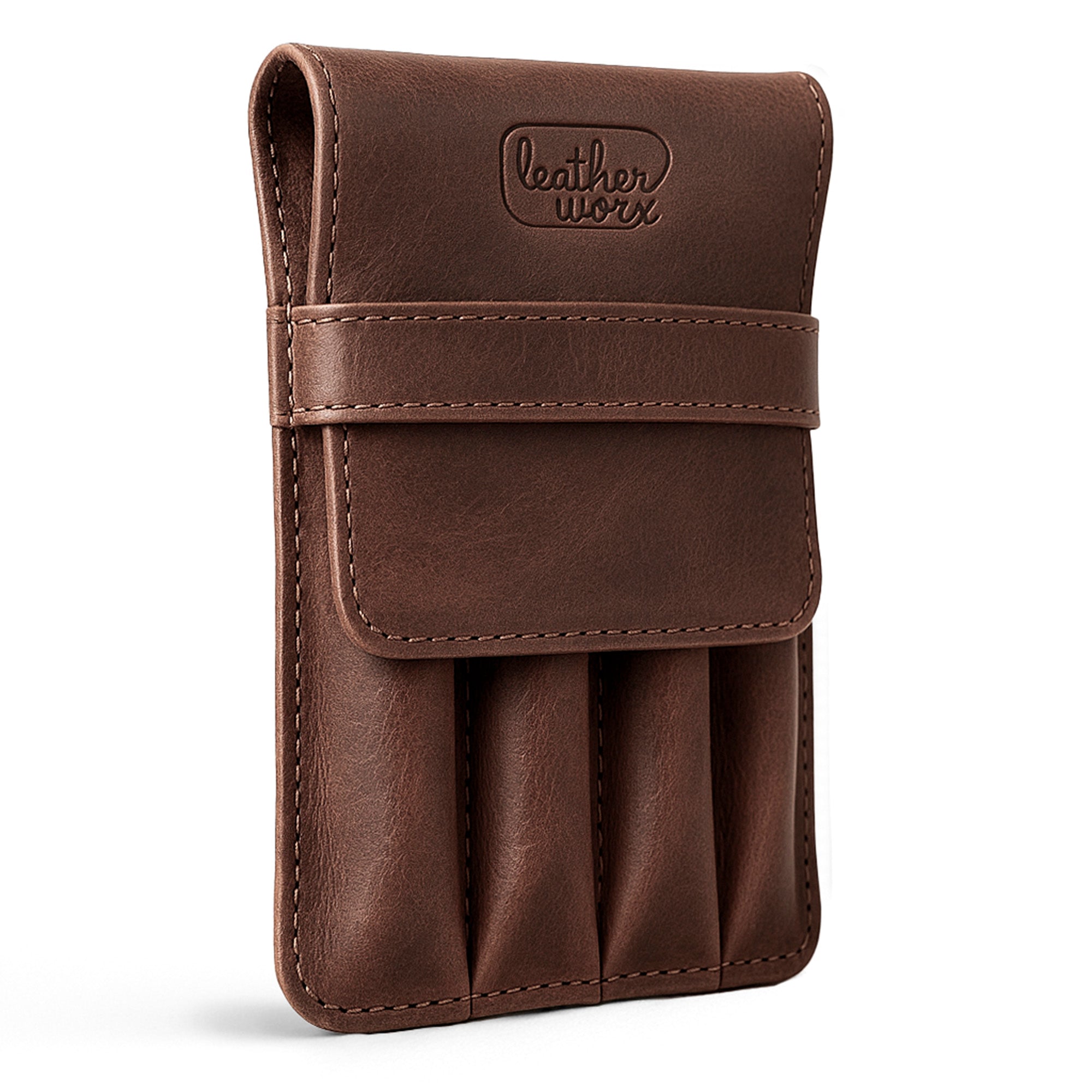 Leather Worx 4-Pen Holder showcased in rich brown full grain leather, offering a stylish and minimalist storage solution for pens or pencils. This classic storage piece exemplifies small batch production with hand cut and sewn artisan craftsmanship, featuring a fire branded logo and handmade quality from La Antigua Guatemala.