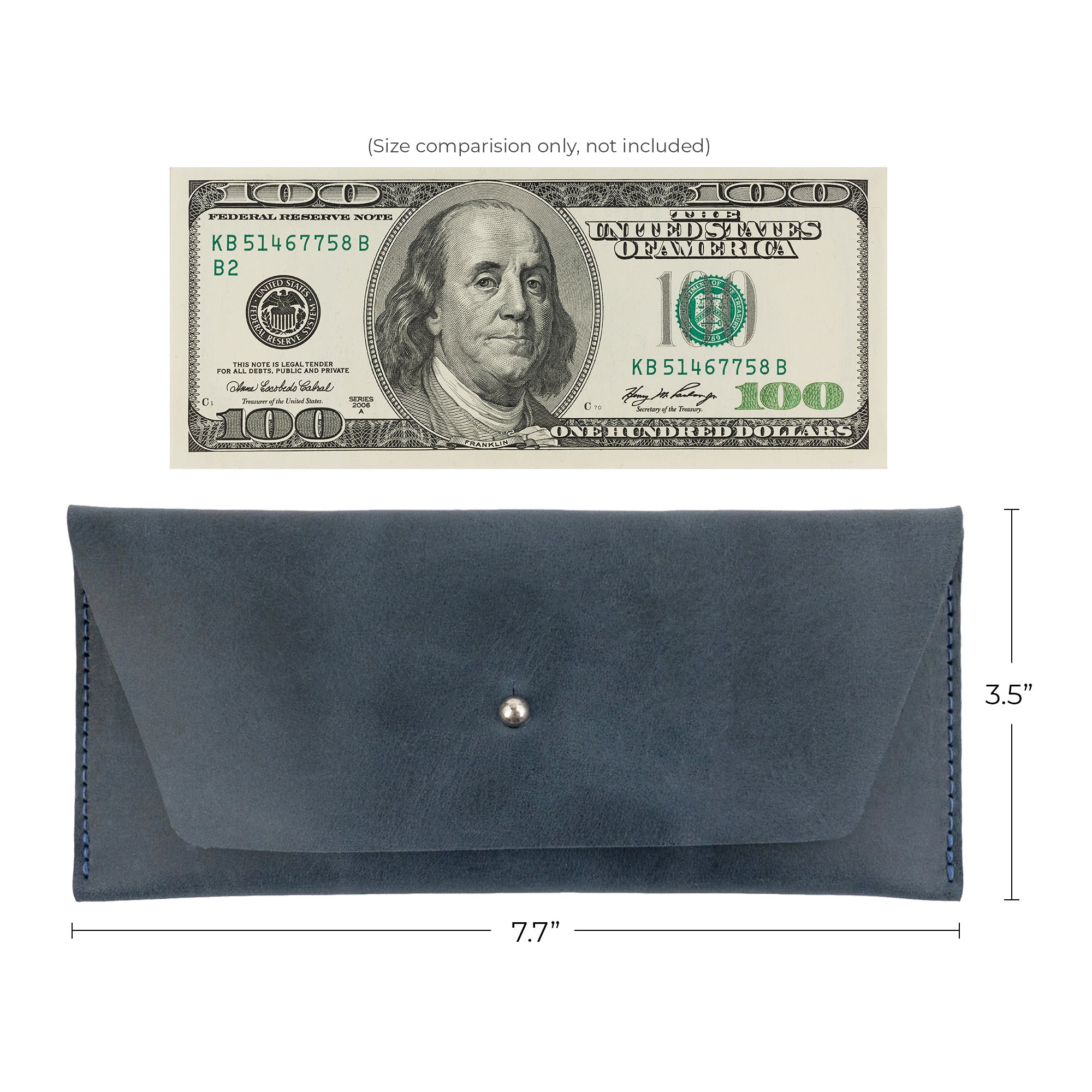 Dimensions of the maroon Long Utility Pouch by Hide & Drink next to a hundred dollar bill, displaying its size and effectiveness as a stylish wallet.