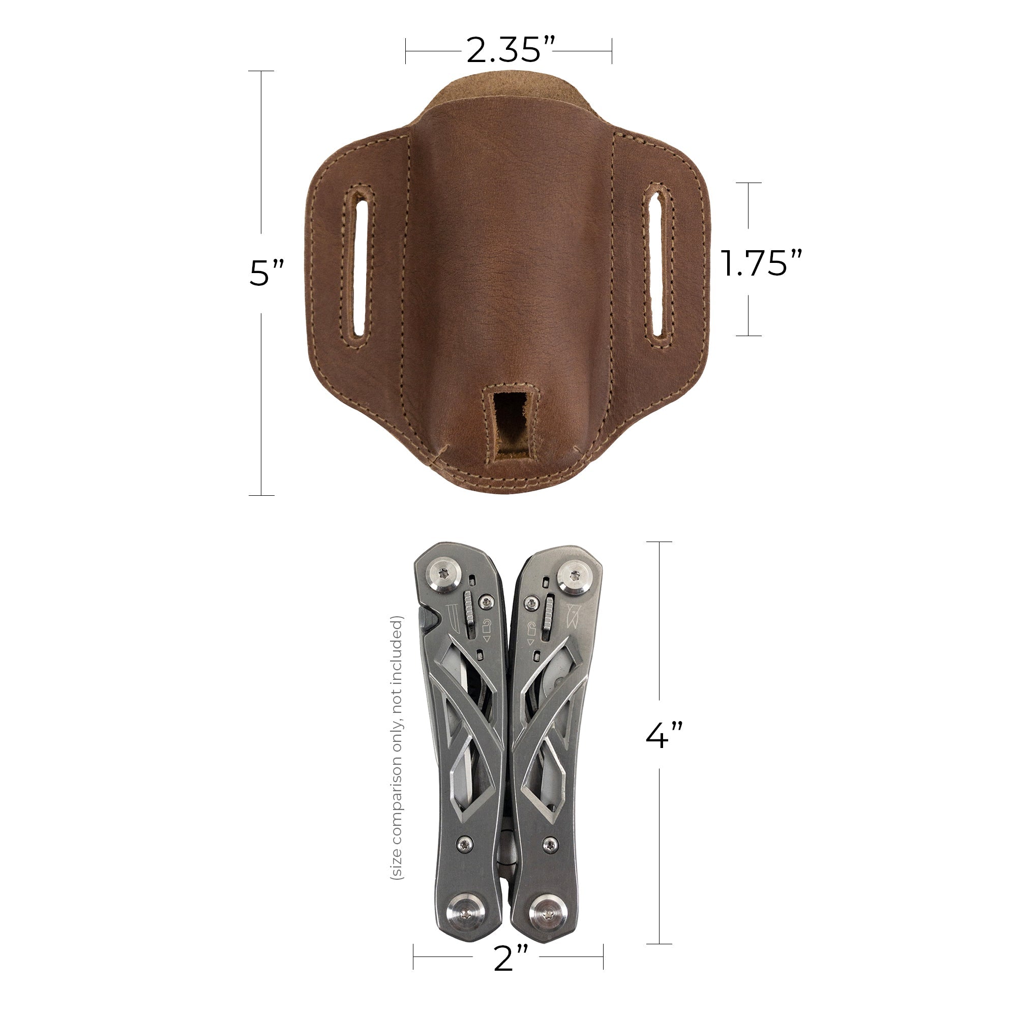 Size comparison of the brown Multitool Belt Sheath from Hide & Drink alongside a multitool. This functional multi-tool holder for belt highlights durable construction from full grain leather, designed for outdoor adventures.