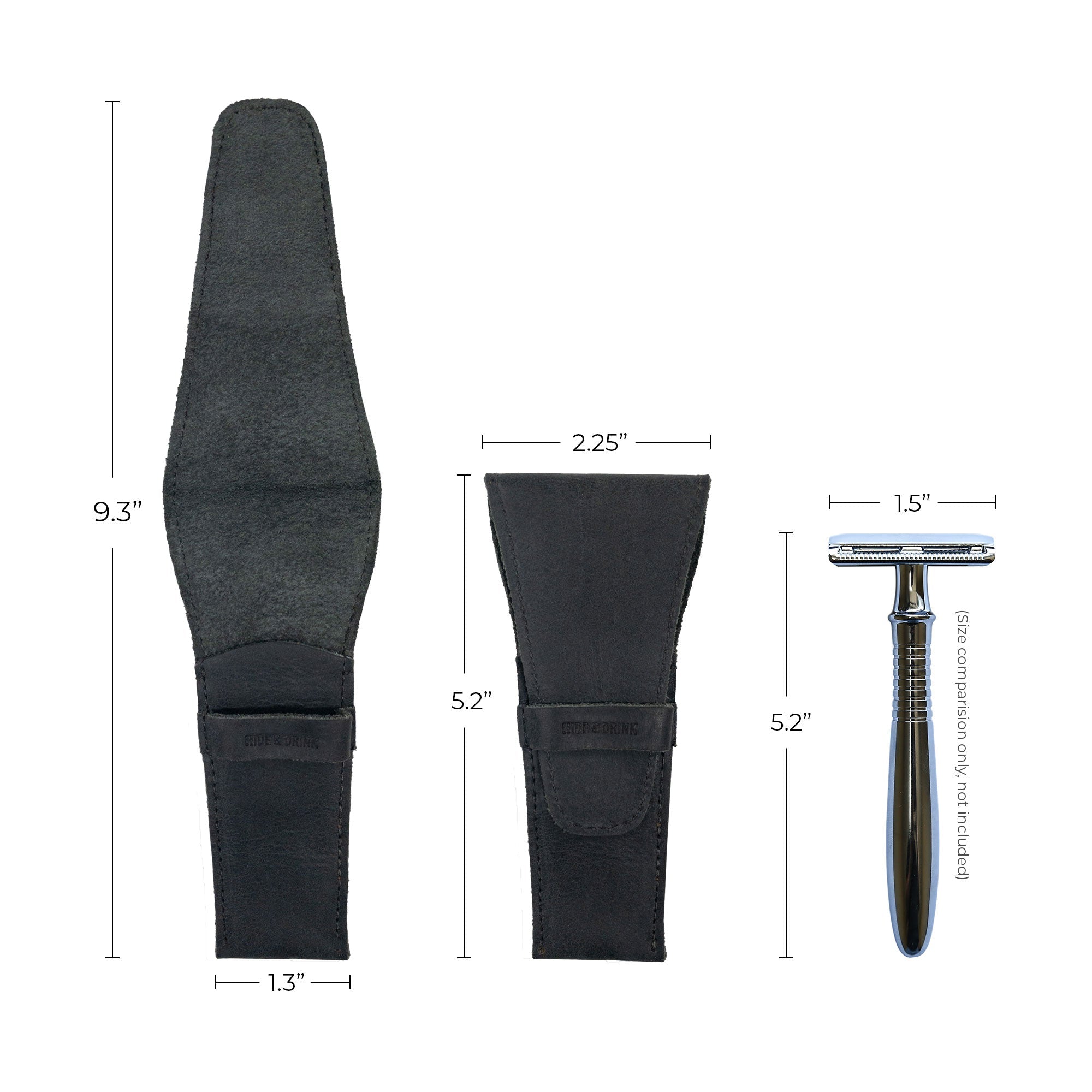 Dimensions of the Hide & Drink Safety Razor Case illustrated alongside a razor, highlighting its compact and practical design for personal care.