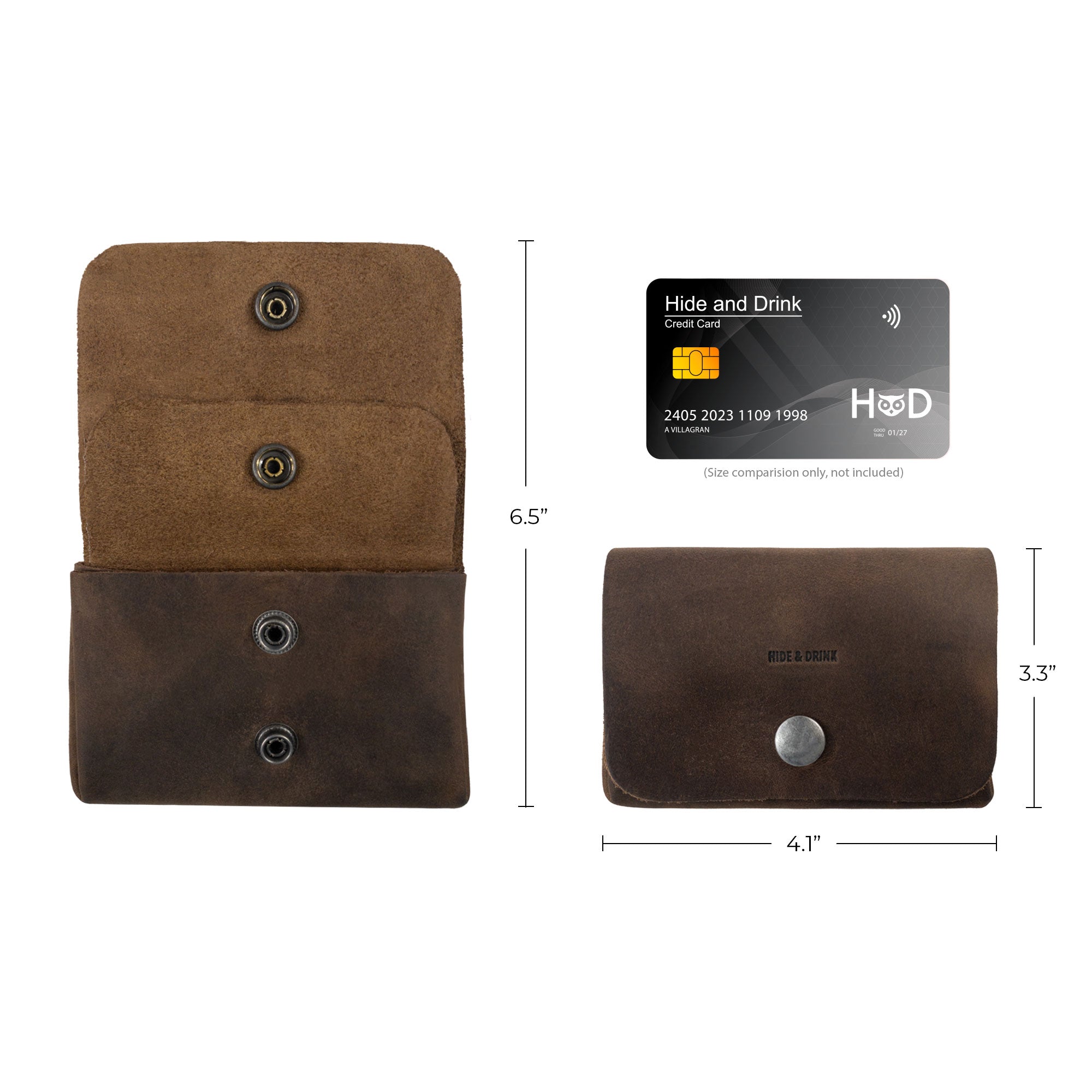 Image showing dimensions of the Double Pouch Card Wallet by Hide & Drink next to a credit card. This Leather Double Pouch Card Wallet functions as a versatile card organizer, cash holder, and coin pouch for both men and women, made with Full Grain Leather in La Antigua Guatemala & Oaxaca Mexico.