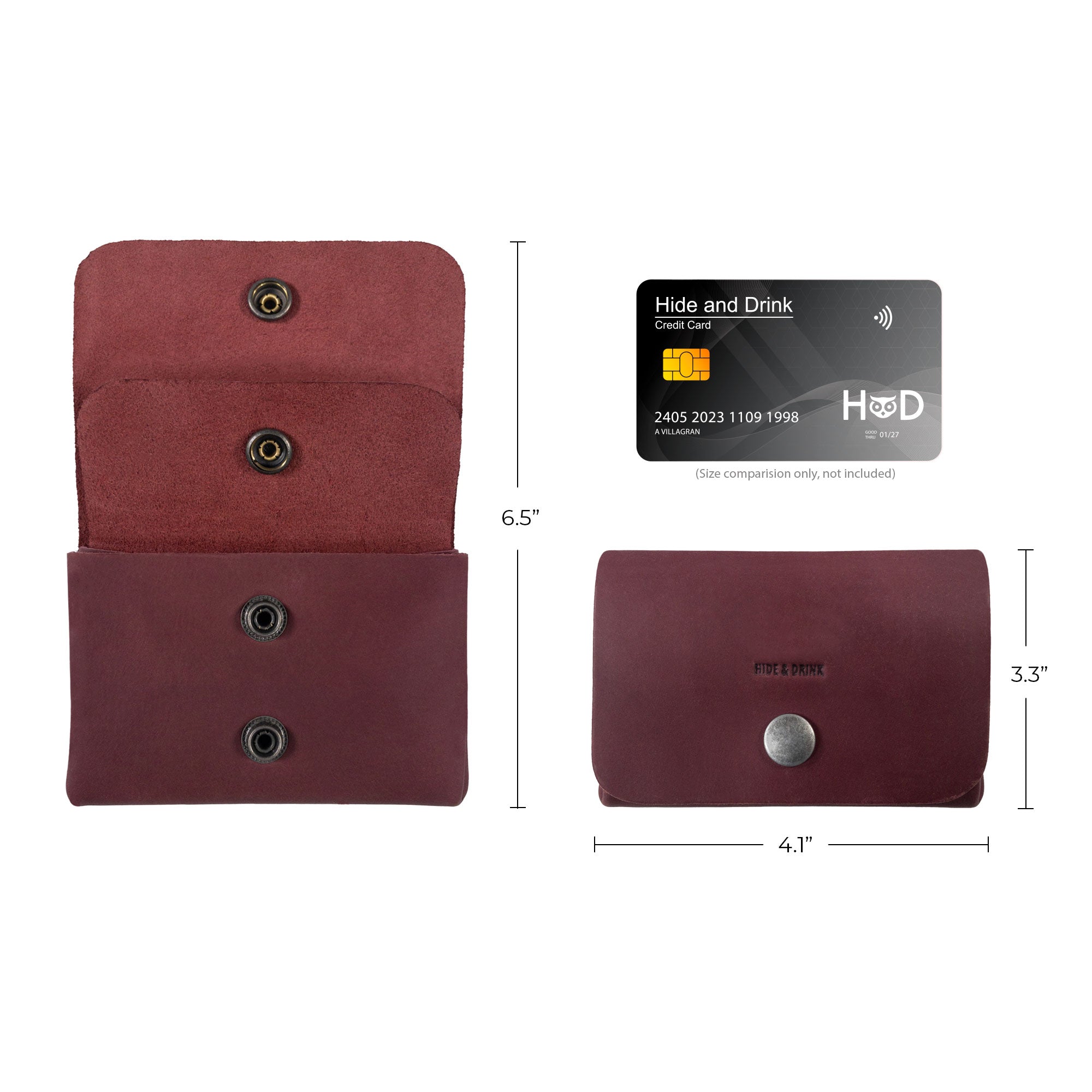 Image detailing dimensions of the burgundy Double Pouch Card Wallet by Hide & Drink next to a credit card for size reference. This Leather Double Pouch Card Wallet serves as an excellent card organizer, cash holder, and coin pouch for men and women, crafted from Full Grain Leather in La Antigua Guatemala & Oaxaca Mexico.
