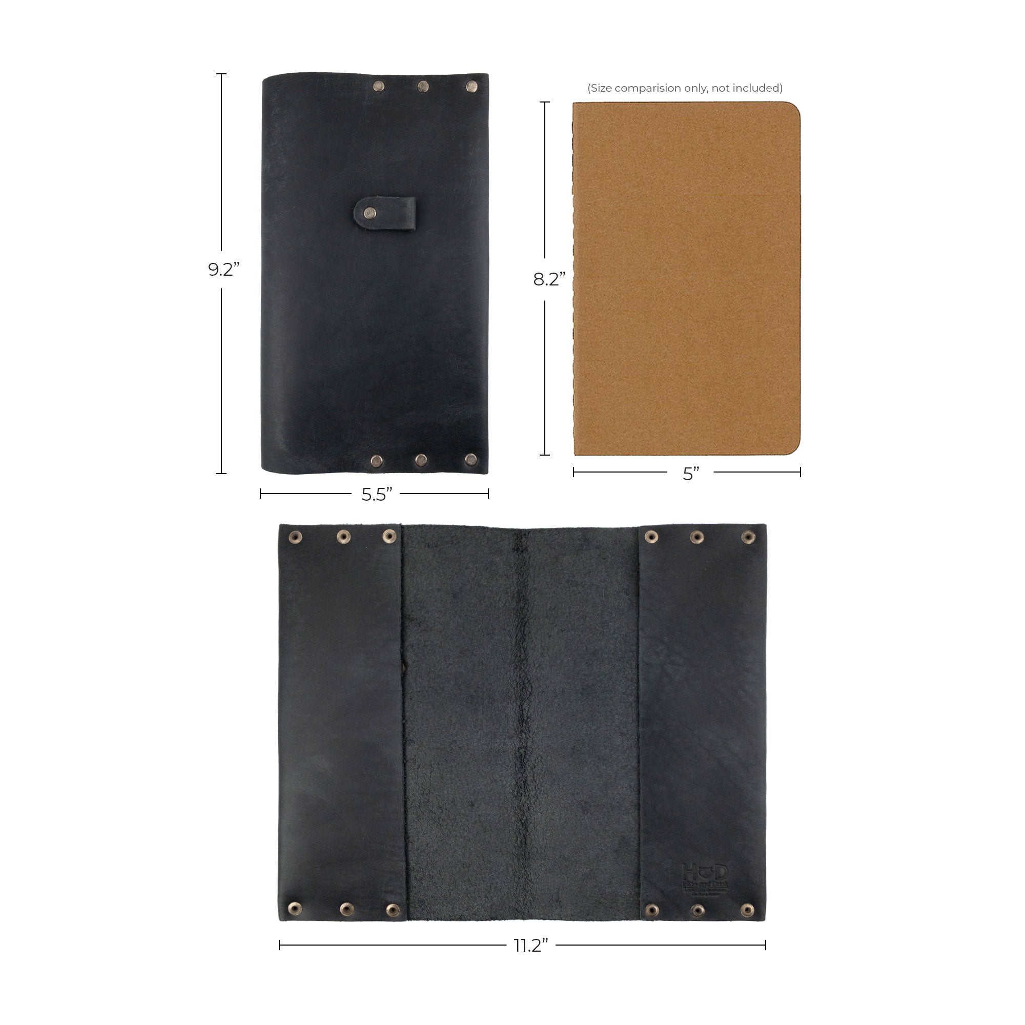 Side view of the Riveted Journal Cover (5 x 8.50 in.) from Hide & Drink, displaying its unique classic sleeve and dimensions. Crafted from full grain leather, this handy journal cover is perfect for personal notebooks and celebrates the beauty of handmade artisan goods from La Antigua Guatemala & Oaxaca Mexico.