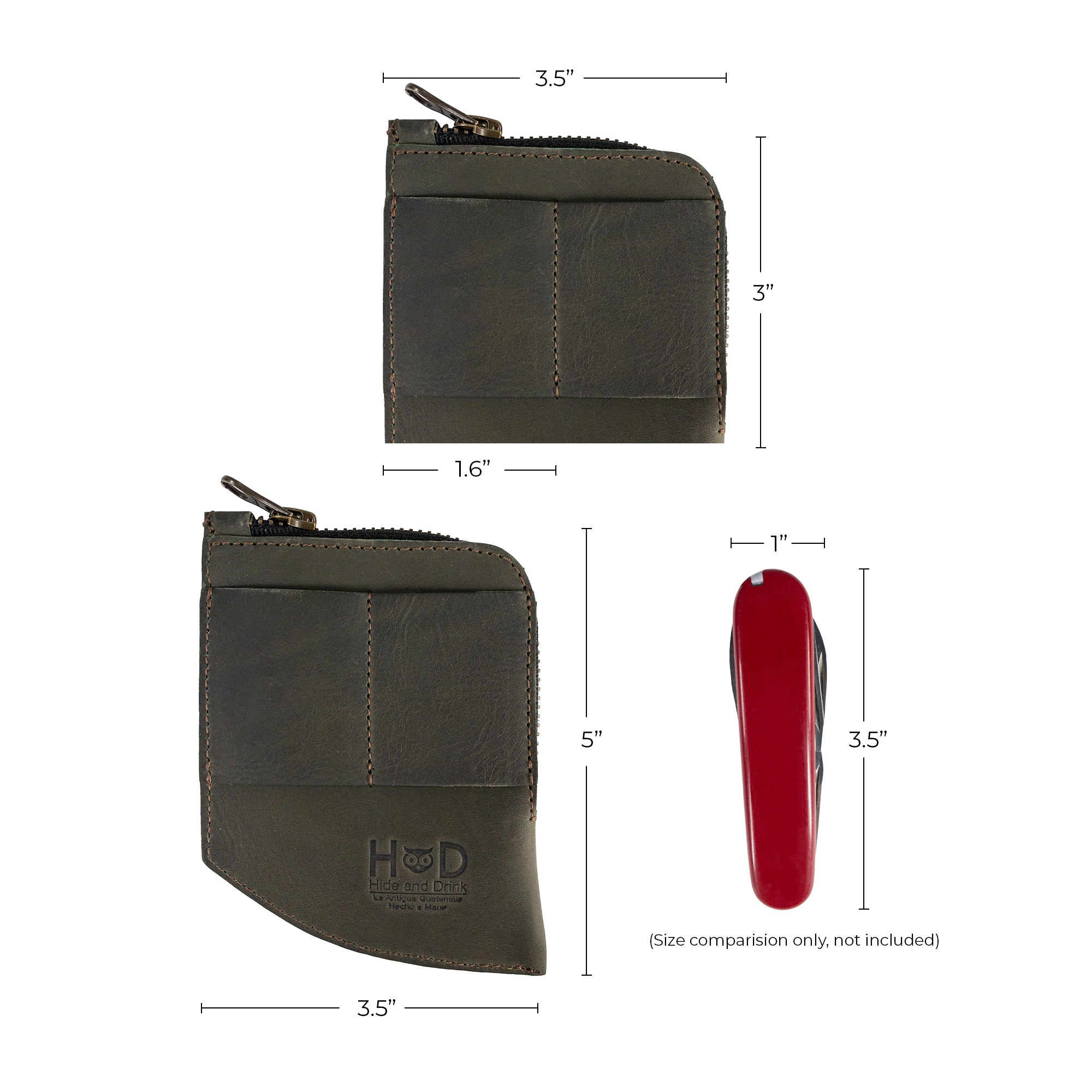 Hide & Drink EDC Pocket Wallet dimensions with product details, highlighting its practical features for the modern user.