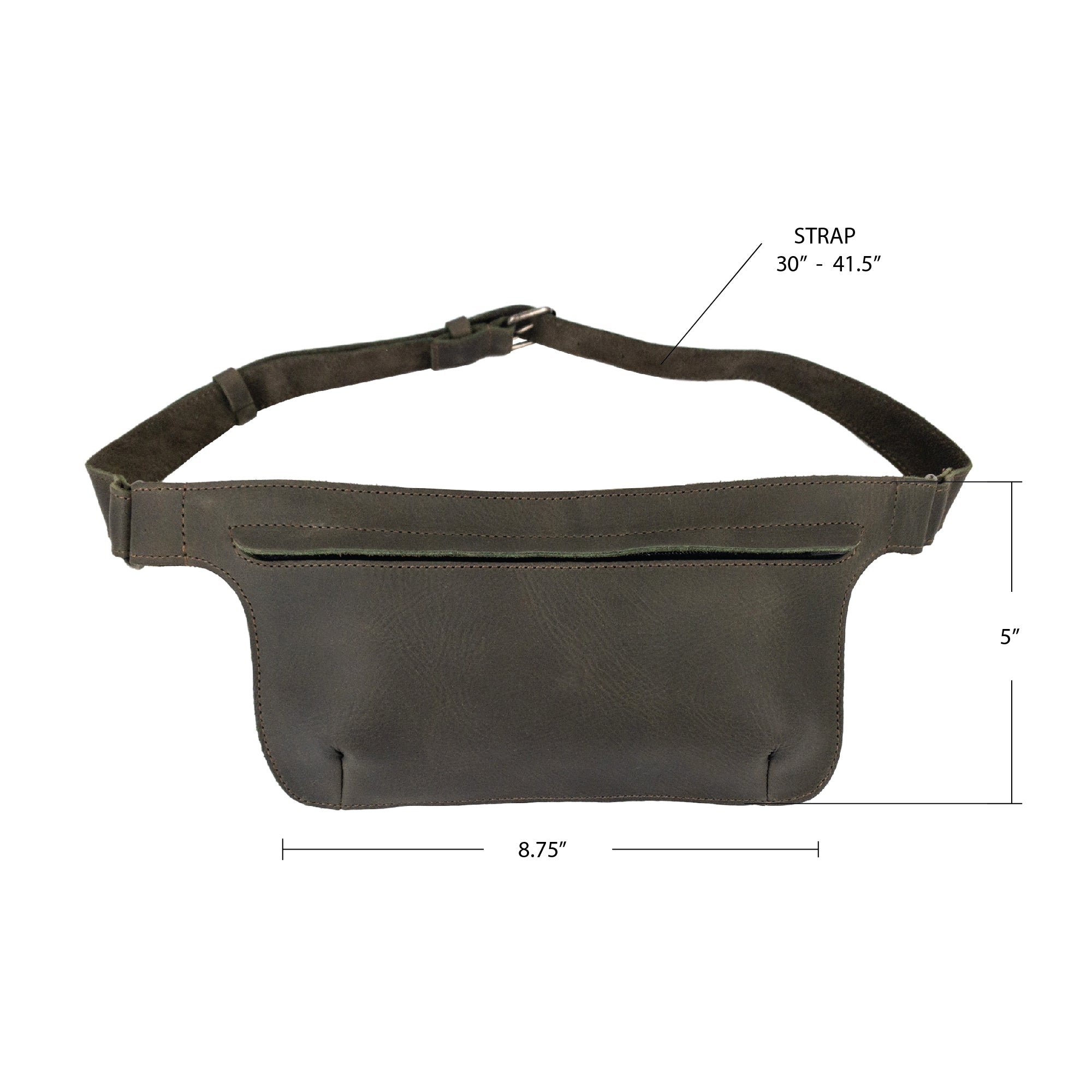 Slim Fanny Pack by Hide & Drink displayed with dimensions, emphasizing its rectangular design and compact features. This artisan waist bag is handcrafted from full grain leather, representing quality from Oaxaca Mexico.