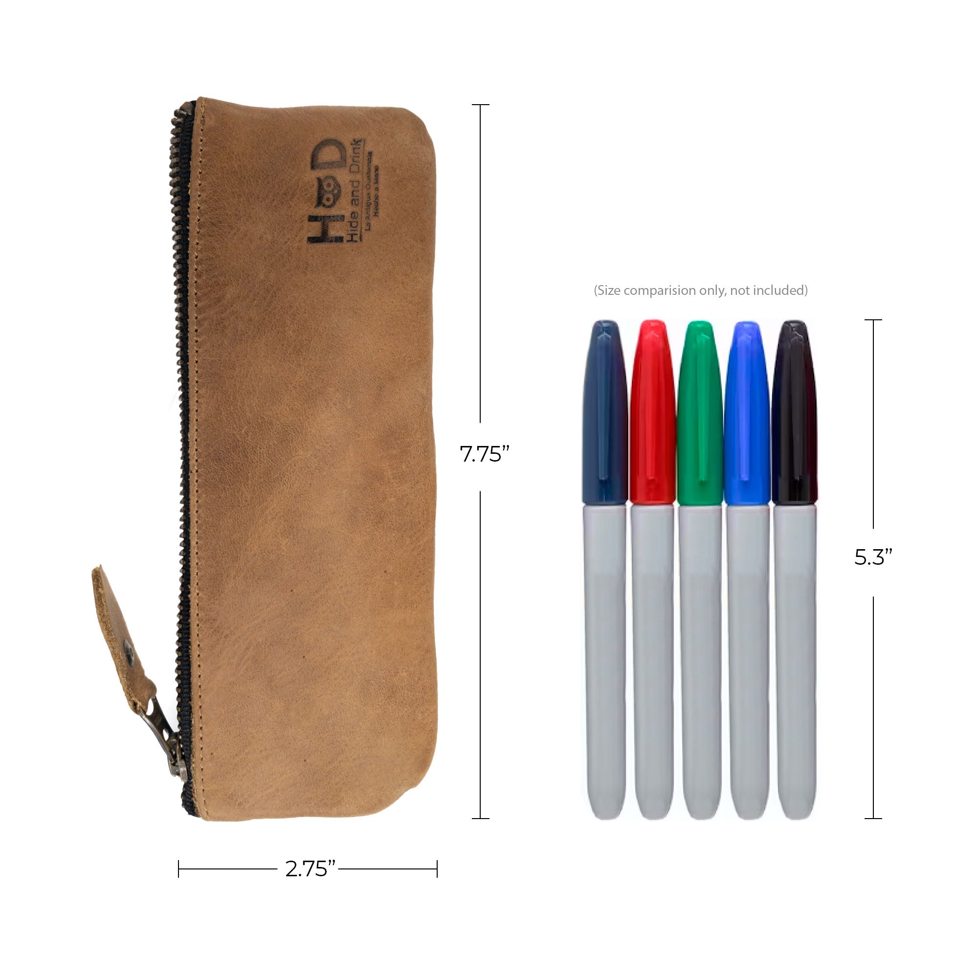 Pencil Pouch by Hide & Drink displayed with pen size comparison. This durable rectangular pencil case made from full grain leather features a flat zippered holder, ideal for organizing tools for both men and women. Hand cut and sewn by artisans, representing classic styles from La Antigua Guatemala.