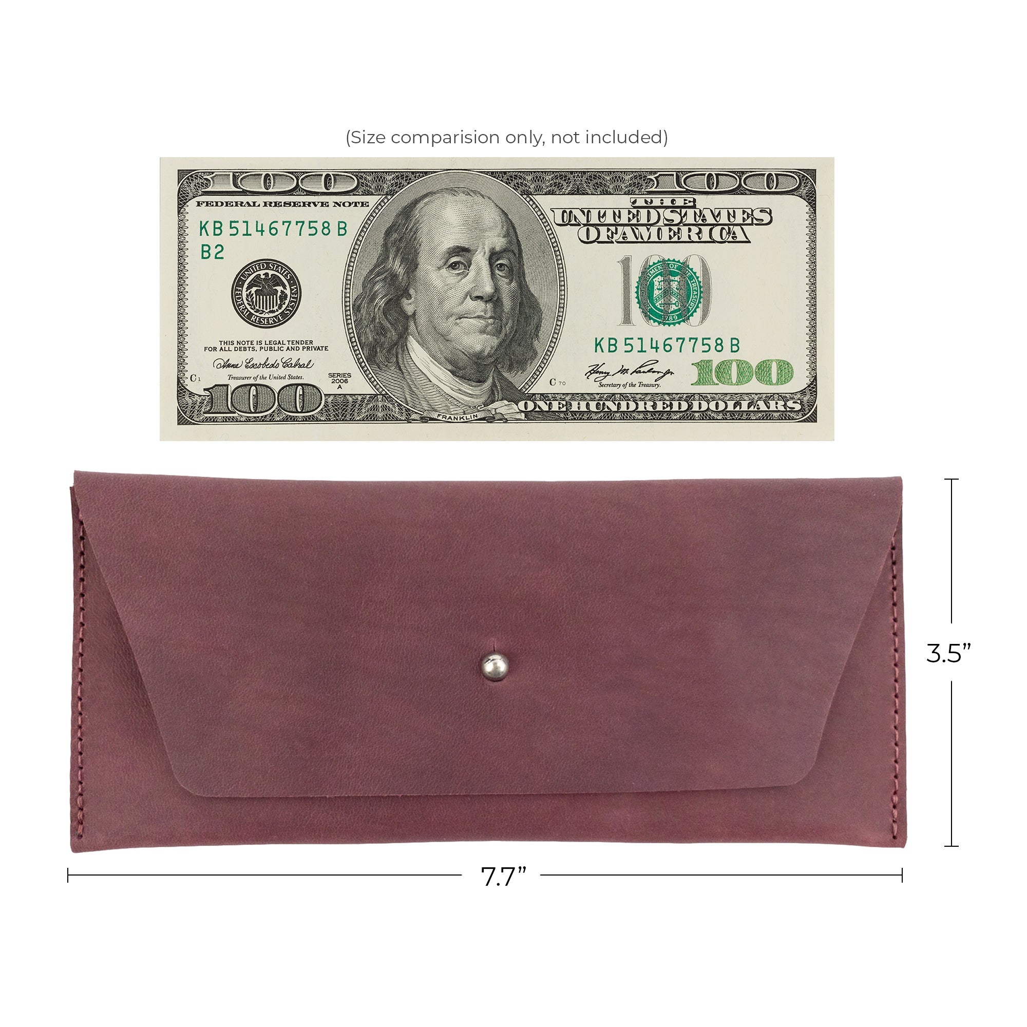 Dimension comparison of the earthy Long Utility Pouch by Hide & Drink next to a hundred dollar bill, showing its practicality and sophisticated design.