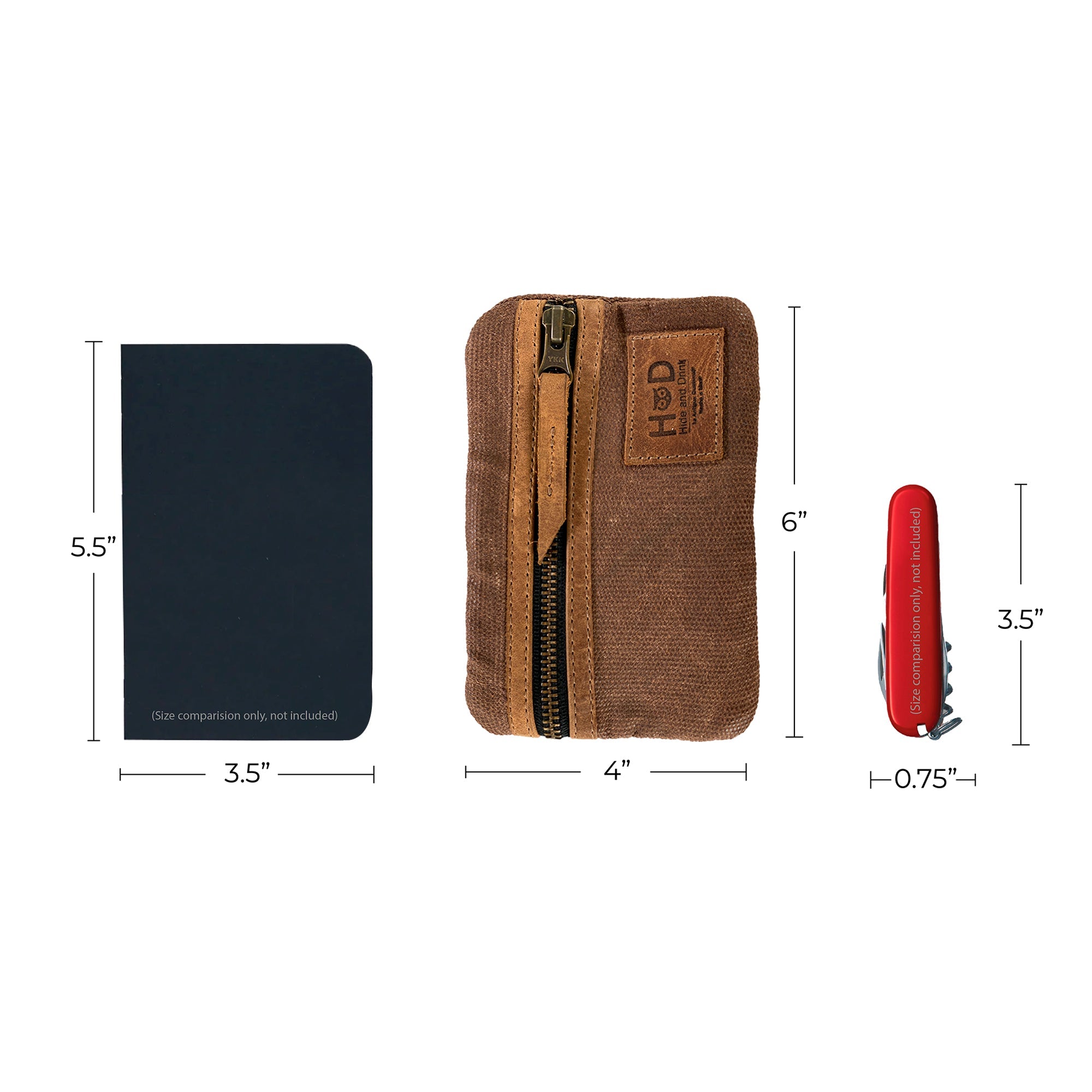 Dimensions of the brown Multi-tool Pocket Pouch by Hide & Drink, displayed with a notebook and multi-tool to highlight its compact size.