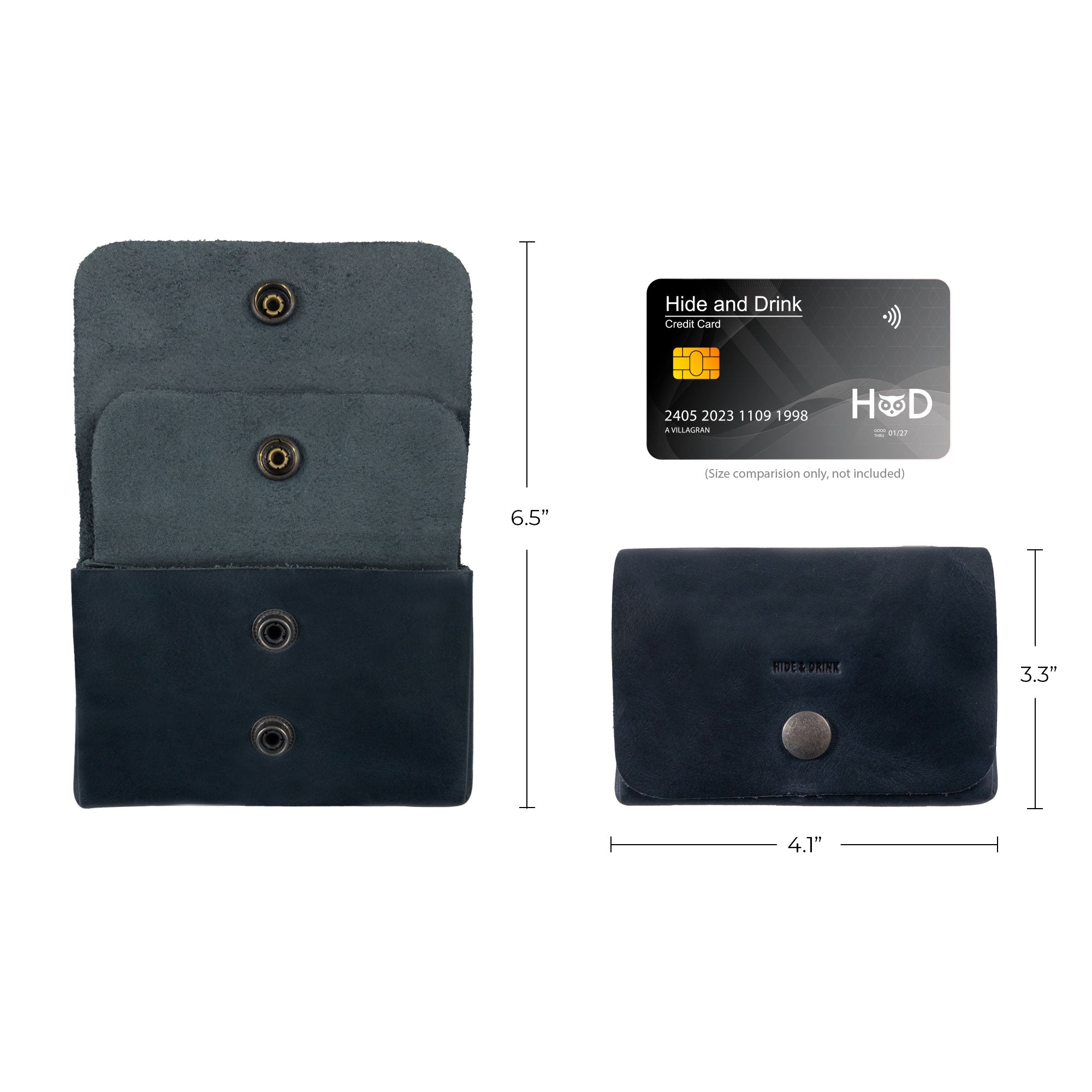 Image detailing dimensions of the gray Double Pouch Card Wallet by Hide & Drink, with a credit card for reference. This Leather Double Pouch Card Wallet serves as an excellent card organizer, cash holder, and coin pouch for men and women. Crafted from Full Grain Leather in La Antigua Guatemala & Oaxaca Mexico.