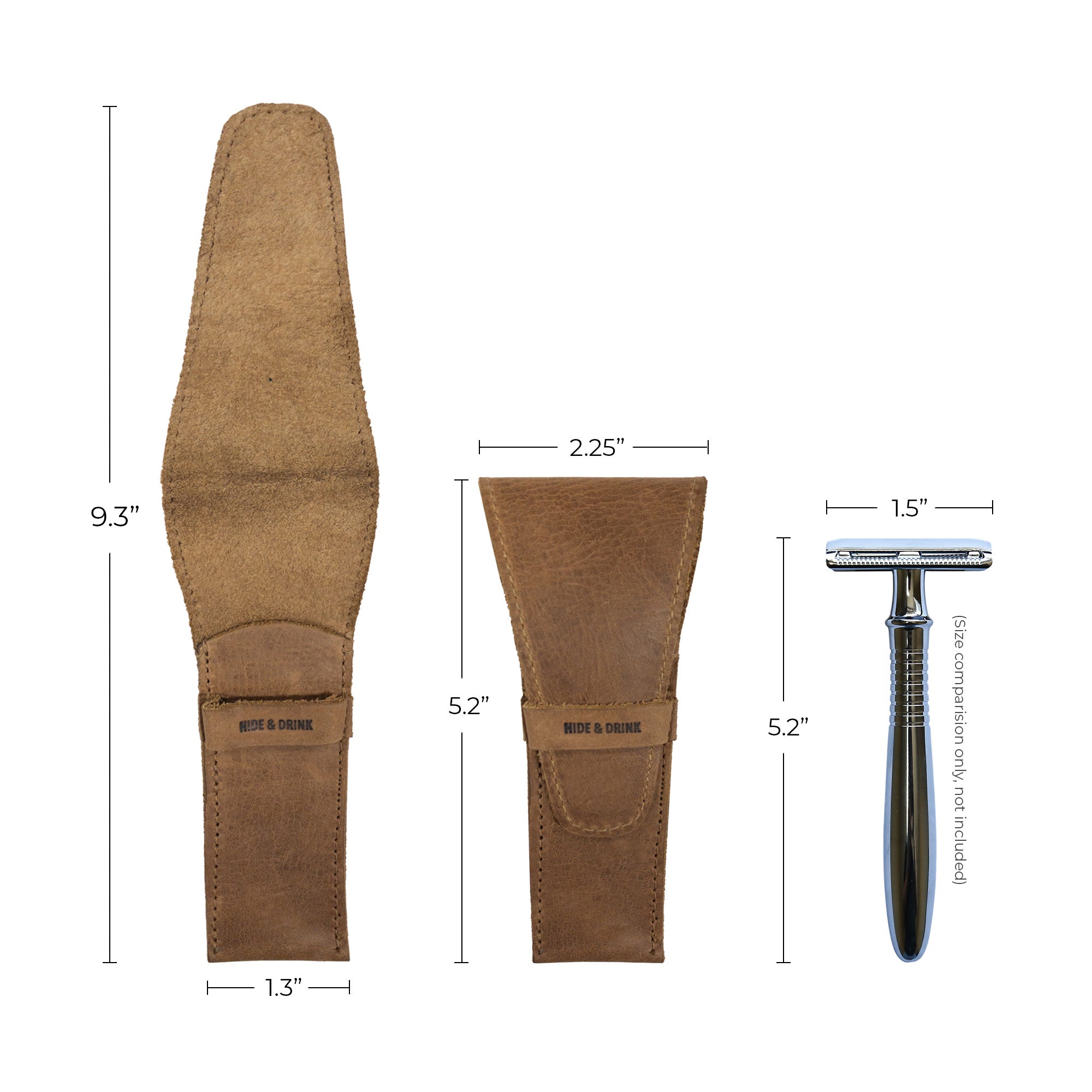 Safety Razor Case by Hide & Drink with its accessories displayed, showcasing its practicality and craftsmanship. Perfect for anyone who values personal grooming, this Full Grain Leather case reflects artisan handmade quality.