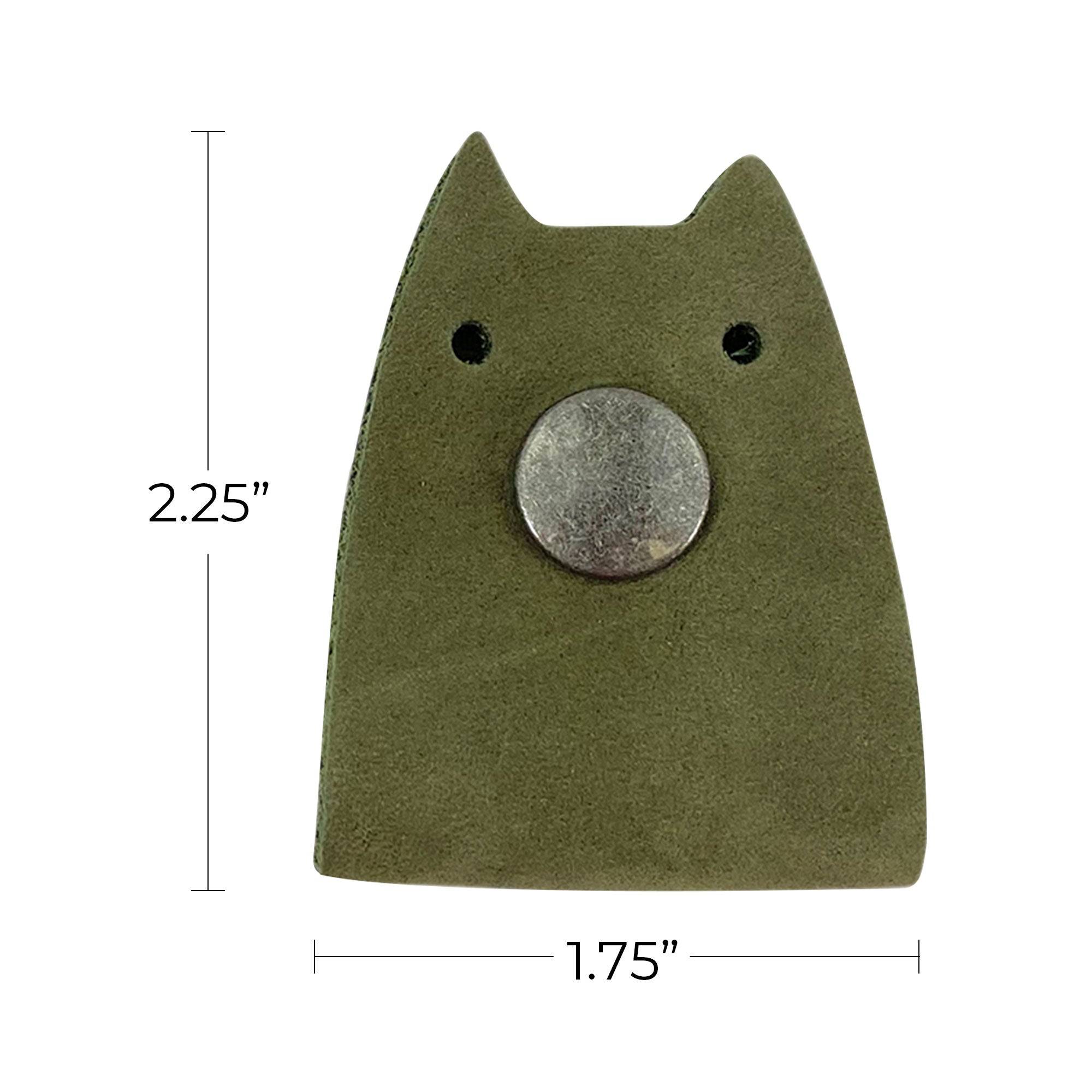 Taco Dog's Cat Cord Keeper (2 Pack) in green leather, showcasing dimensions. Perfect for wrapping up your cables, earbuds, headphones, and chargers securely. Artisan crafted and fire branded in La Antigua Guatemala & Oaxaca Mexico for quality.