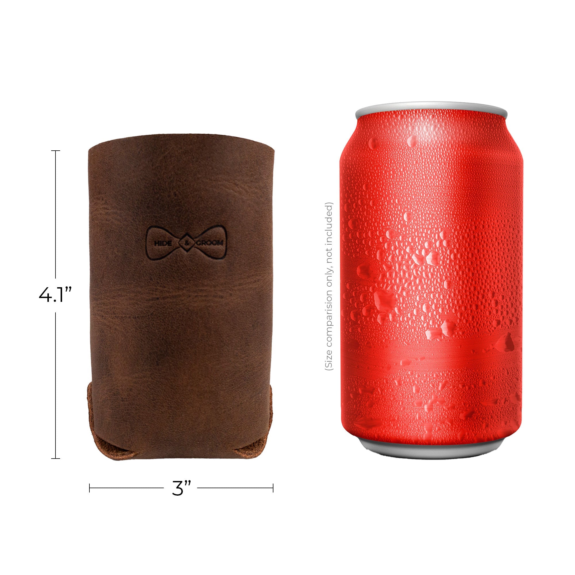 Dimensions highlighted next to the Hide & Groom Beer Can Sleeve (Set of 2) with a standard soda can for scale. These are collapsible rustic covers made from full grain leather, perfect for weddings and special events. Handmade in La Antigua Guatemala & Oaxaca Mexico, each sleeve reflects small batch production techniques.