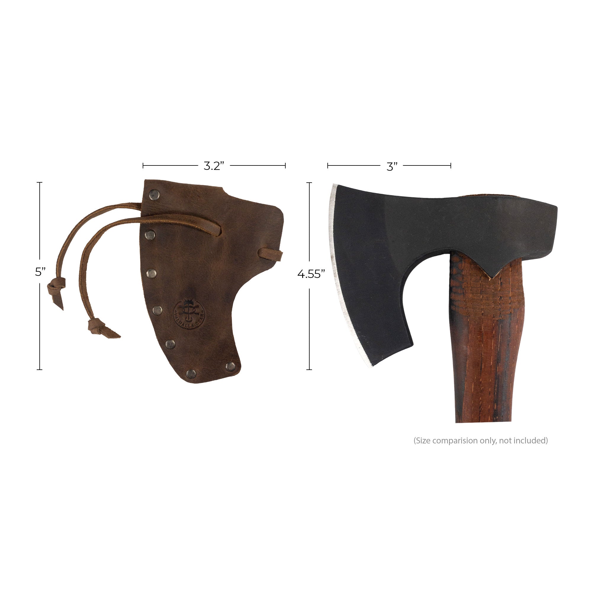 Size comparison of the Axe Head Sheath with String by Valhalla Gear alongside an axe. Highlighting its designer features, this handmade sheath is an artisan piece from Guatemala that’s perfect for your motorcycle tool bag. Ideal for outdoor adventures.