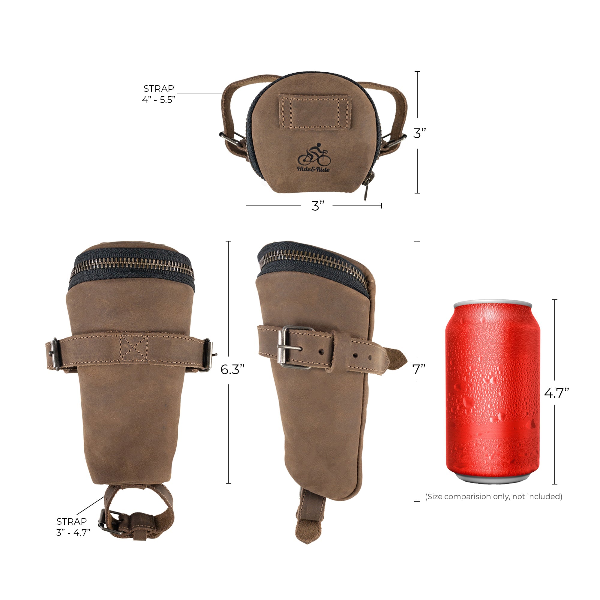 Comparison image of sizes featuring the Hide & Ride Under Seat Pouch next to a can for scale. This Bicycle Under Seat Pouch is designed for convenience as a multi-functional organizer for commuters. Its full grain leather finish ensures durability, representing the dedication to handmade quality from small batch artisans in La Antigua Guatemala & Oaxaca Mexico.