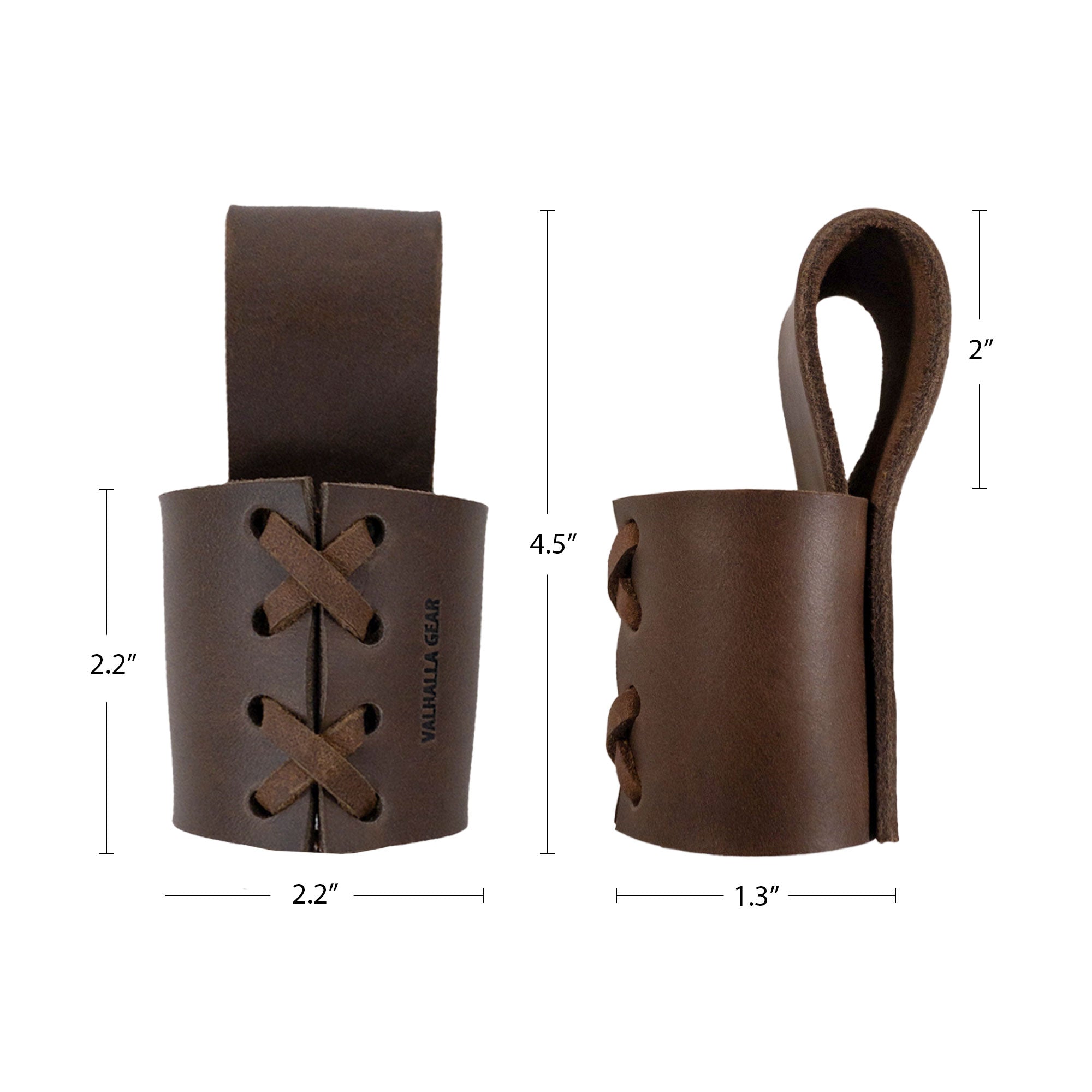 Side-by-side comparison of the Braided Axe Holder with Belt Loop, offering dimensions and showcasing its unique design. Valhalla Gear's craftsmanship shines through in this full grain leather organizer, ideal for camping, cosplay, and lumberjack outdoor activities.