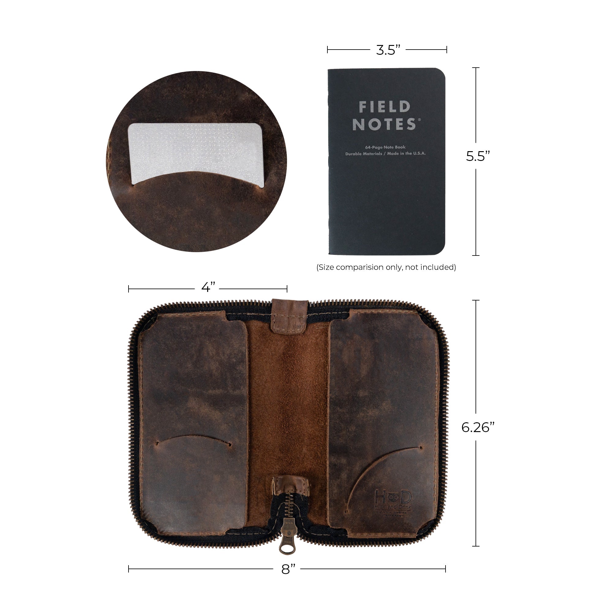 Detailed measurements of Hide & Drink's Zippered Journal Cover for Moleskine (Notebook NOT Included), emphasizing its precision in design. This protector sleeve is handmade and fire branded.
