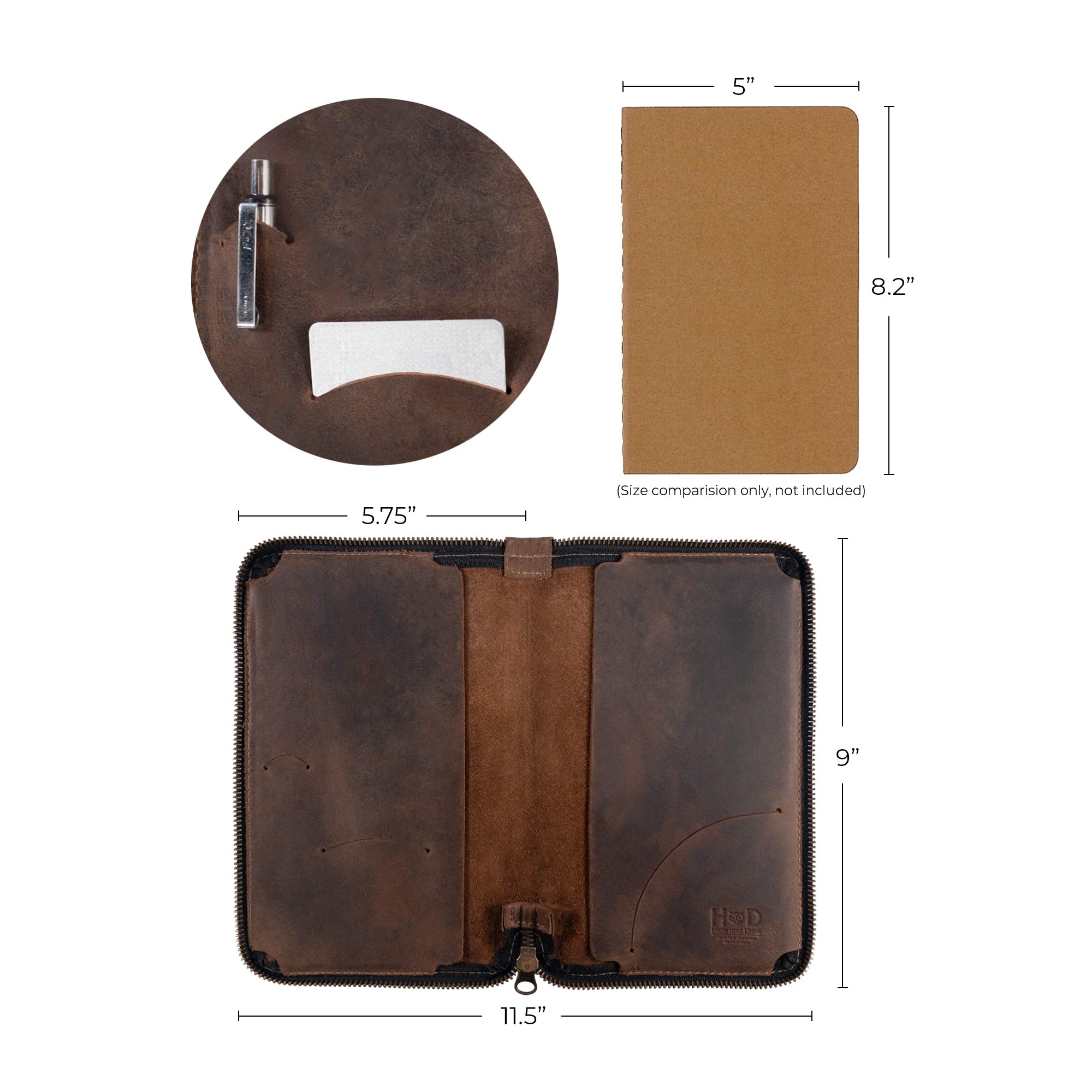 Hide & Drink Zippered Journal Cover for Moleskine (Notebook NOT Included) with tags attached, highlighting its artisanal quality and craftsmanship from La Antigua Guatemala.