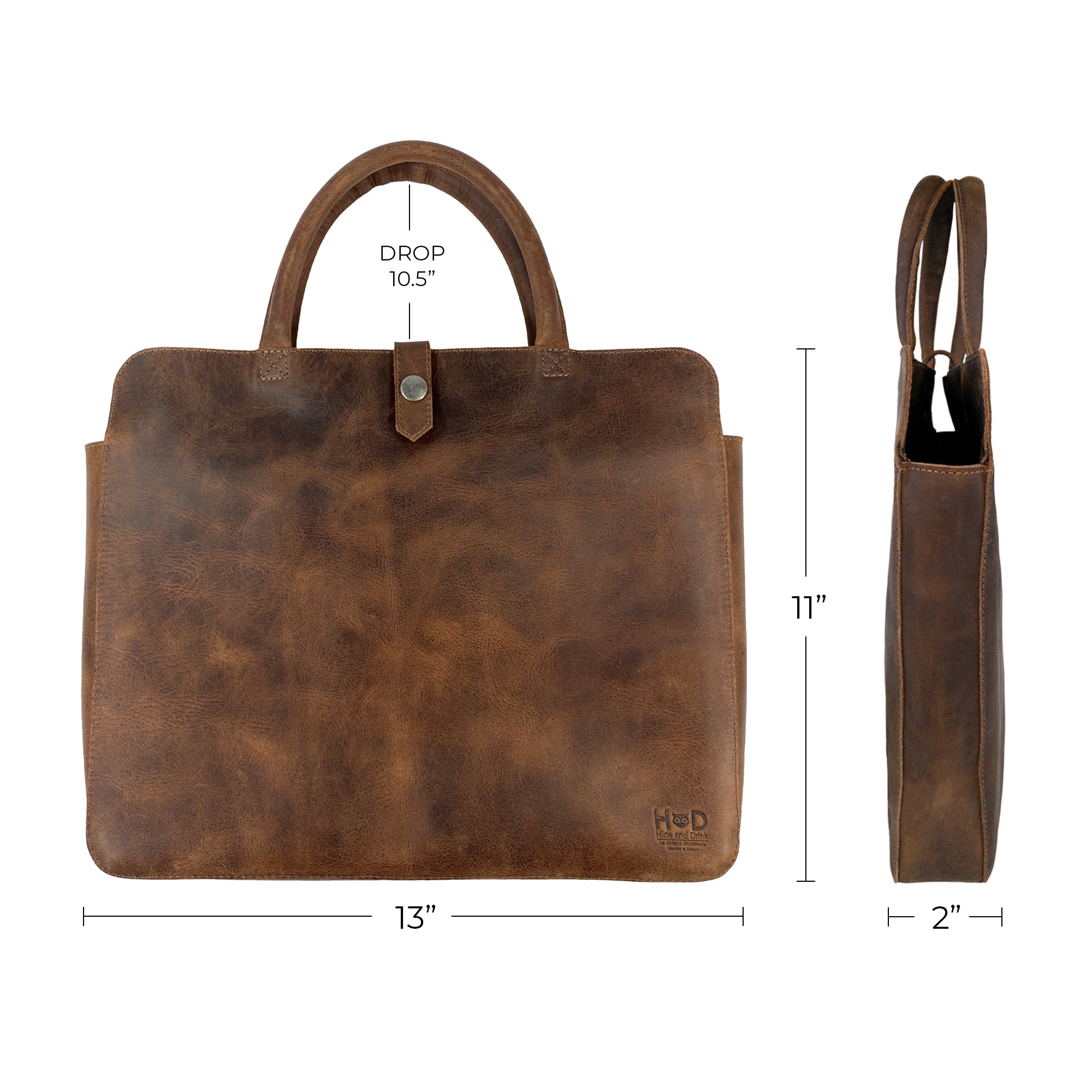 Dimensions layout of the Vintage Portfolio with Snap for 13" MacBook Air by Hide & Drink, illustrating its measurements in Full Grain Leather finish. This Artisan item, part of Small Batch Production, is hand-cut, hand-sewn, and fire branded, handmade in La Antigua Guatemala & Oaxaca Mexico.