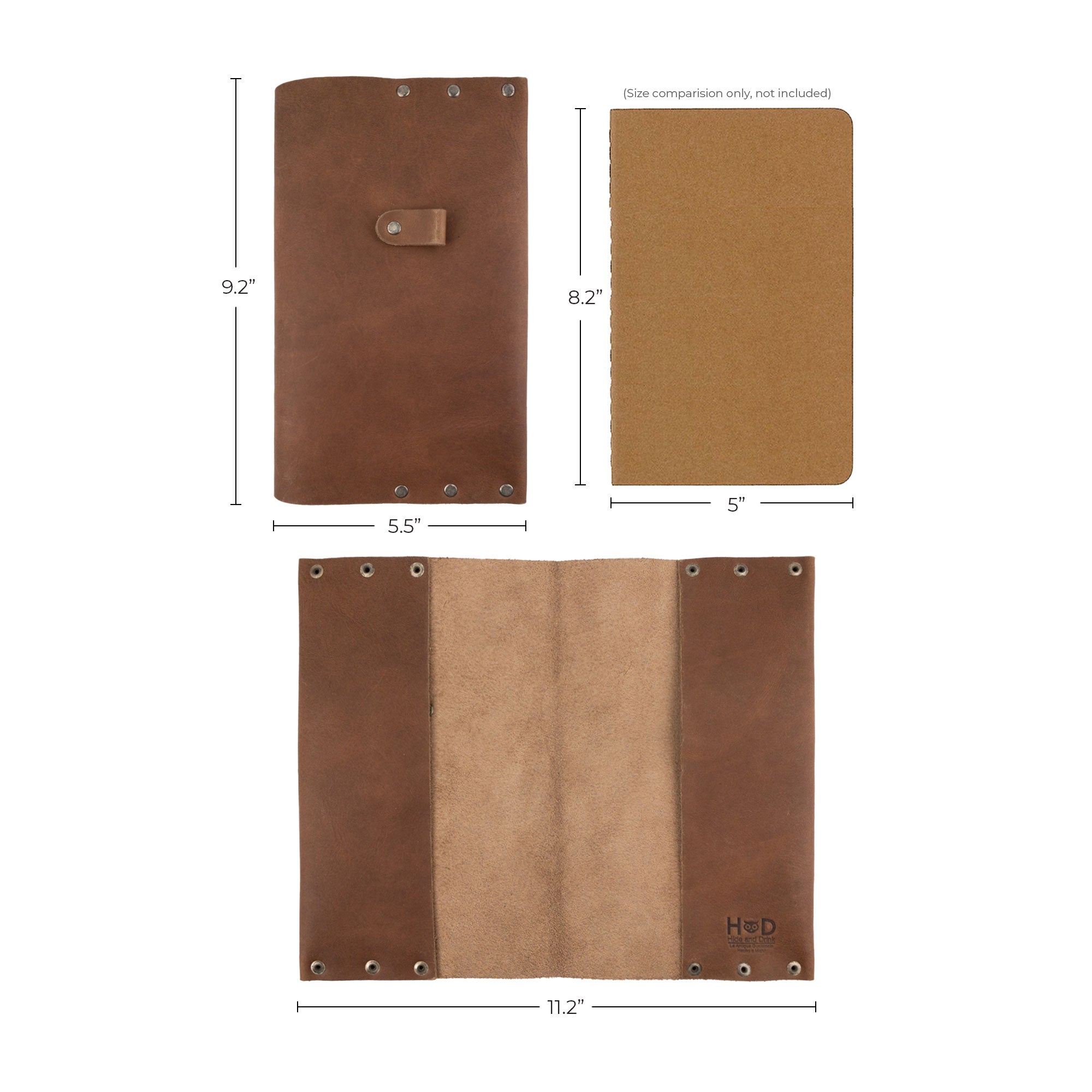 Size comparison of the Riveted Journal Cover (5 x 8.50 in.) by Hide & Drink showing its dimensions alongside a notebook. Made from full grain leather, this vintage style journal cover exemplifies the artisan's craftsmanship with hand cut and sewn techniques from La Antigua Guatemala & Oaxaca Mexico.