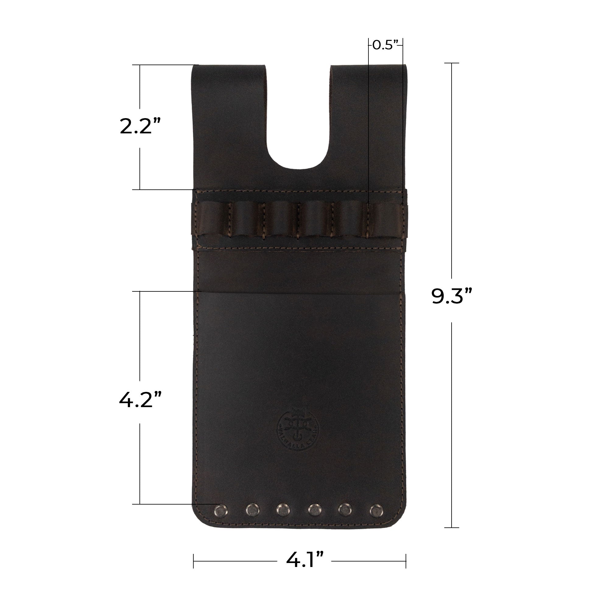 Dimensions of the 6 Arrow Back Quiver for Pocket by Valhalla Gear, crafted from Full Grain Leather. This informative image highlights the handcrafted nature of this artisan quiver, featuring small batch production methods and a fire branded logo, underscoring the quality of hand cut and hand sewn craftsmanship.