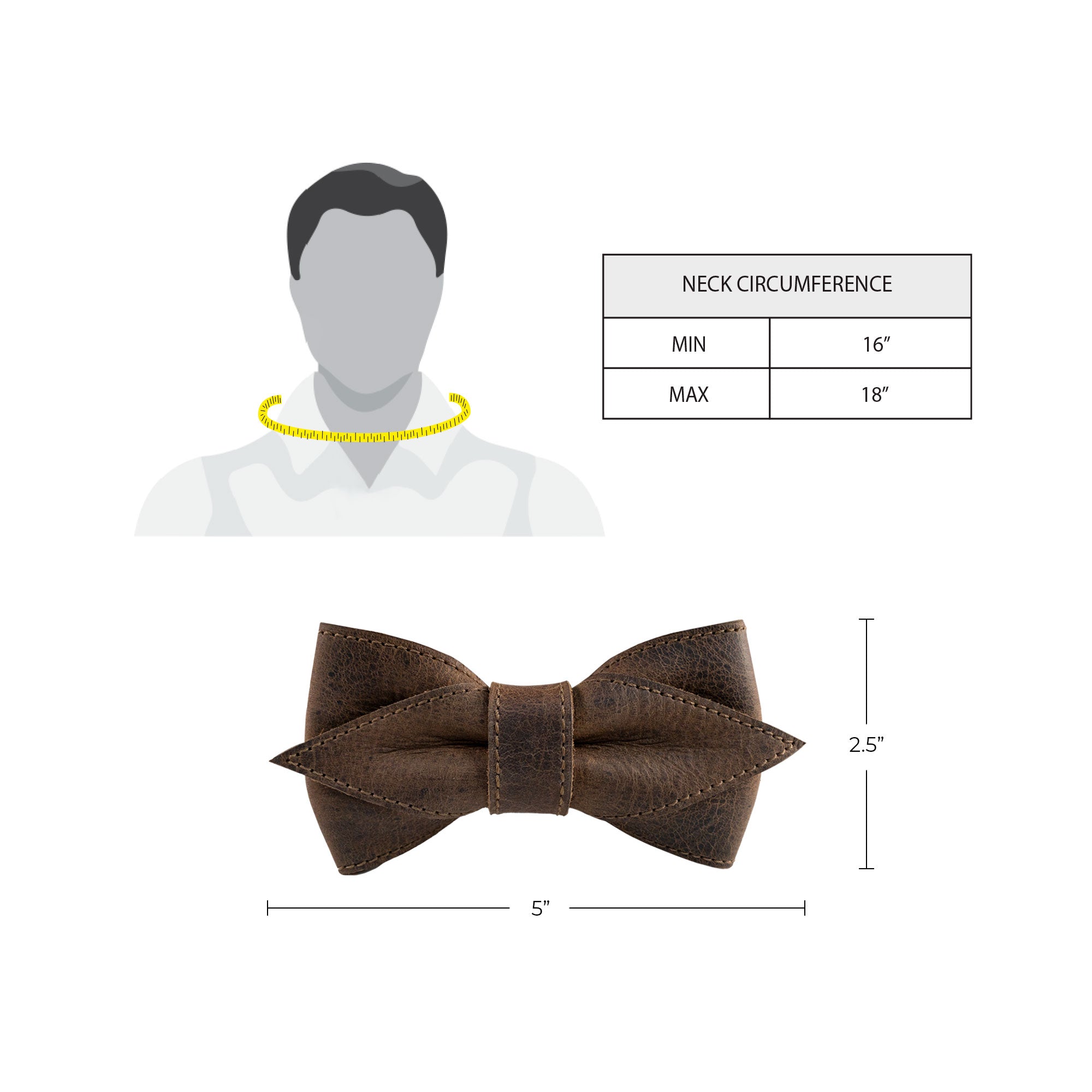 Infographic showcasing the dimensions and fit range of the Pointed Bow Tie for Groomsmen by Hide & Groom, ideal for formal wear for men. With an adjustable feature crafted from full grain leather, this pre-tied bow tie is a perfect blend of tradition and artisan quality from La Antigua Guatemala & Oaxaca Mexico.