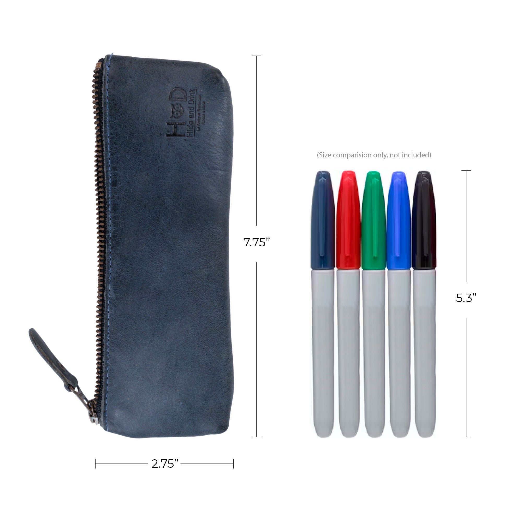 Dimensions of Hide & Drink Pencil Pouch displayed alongside pens for scale, emphasizing its functionality as a rectangular pencil case. Ideal for organizing writing instruments, this classic style pouch is meticulously handmade from durable full grain leather in La Antigua Guatemala & Oaxaca Mexico, ensuring a unique and artisan quality.
