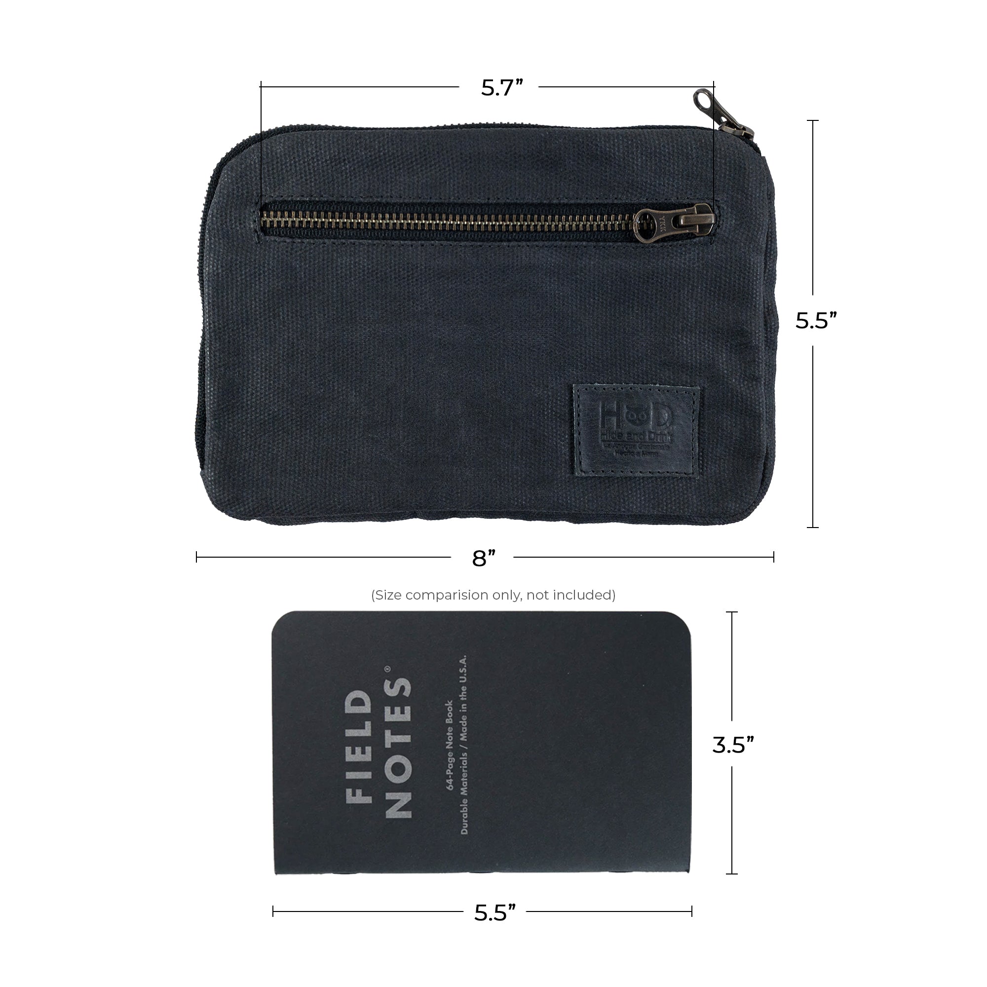 Size overview of Hide & Drink's Zipper Gear Pouch with dimensions for reference, emphasizing its compactness and practicality while made from water resistant waxed canvas.