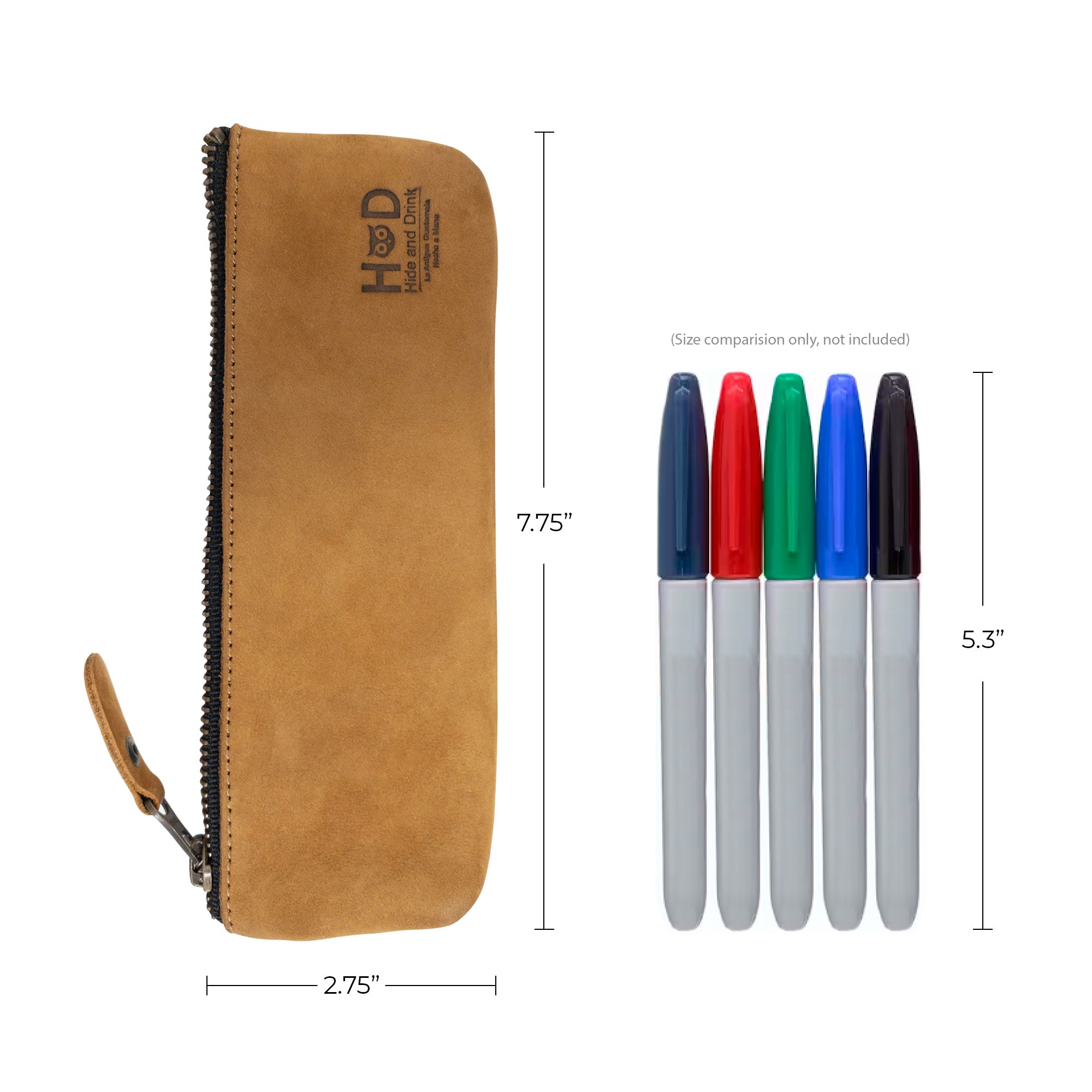 Pencil Pouch by Hide & Drink presented with size comparison of pens. This rectangular pencil case is a flat zippered holder made from full grain leather, perfect for organizing supplies for both men and women. Artisan-made and hand branded in La Antigua Guatemala.