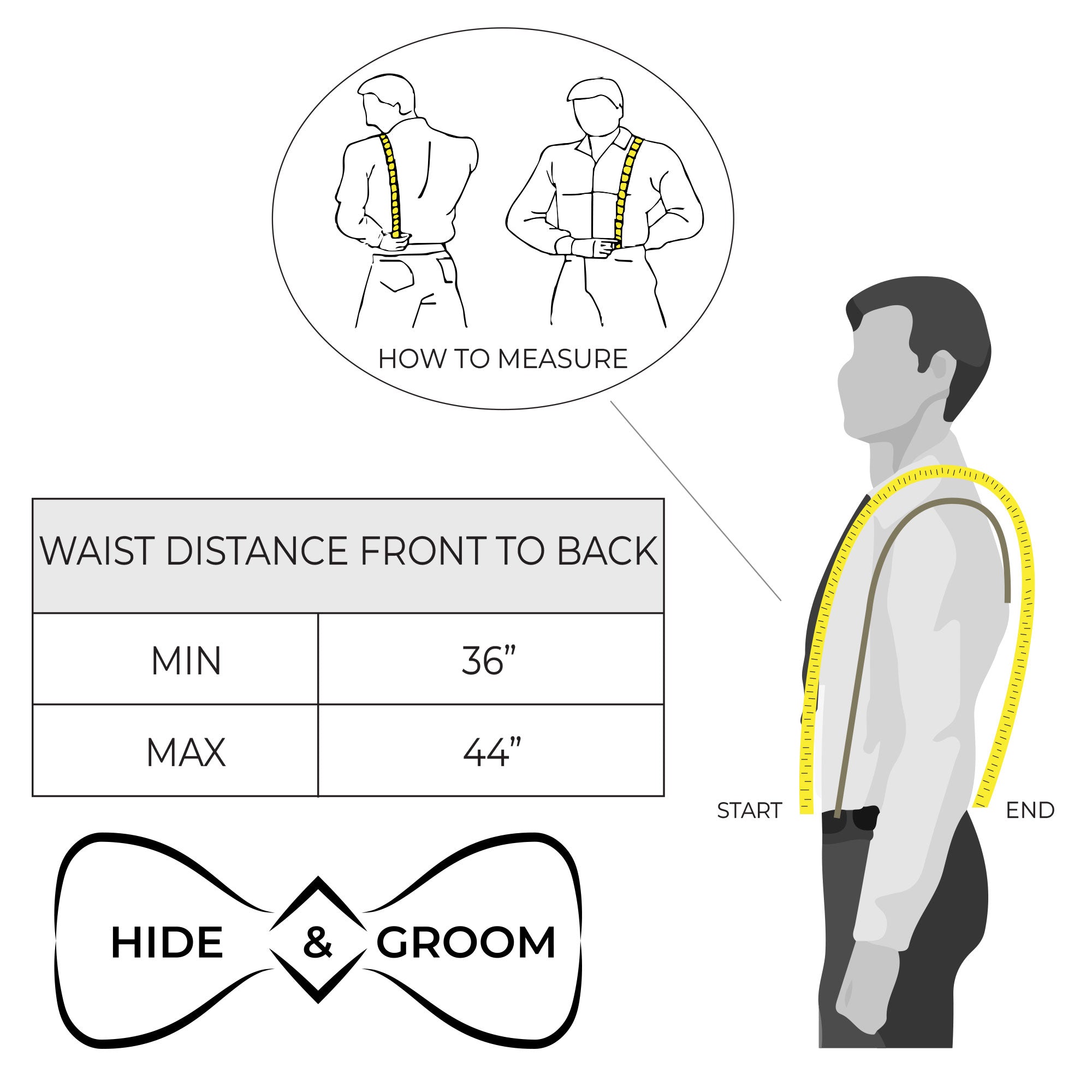Infographic showing how to measure for Hide & Groom's X Back Formal Suspenders with Belt Loops, suitable for weddings and formal attire. These suspenders are handcrafted with adjustable straps from full grain leather, emphasizing small batch artisan production.