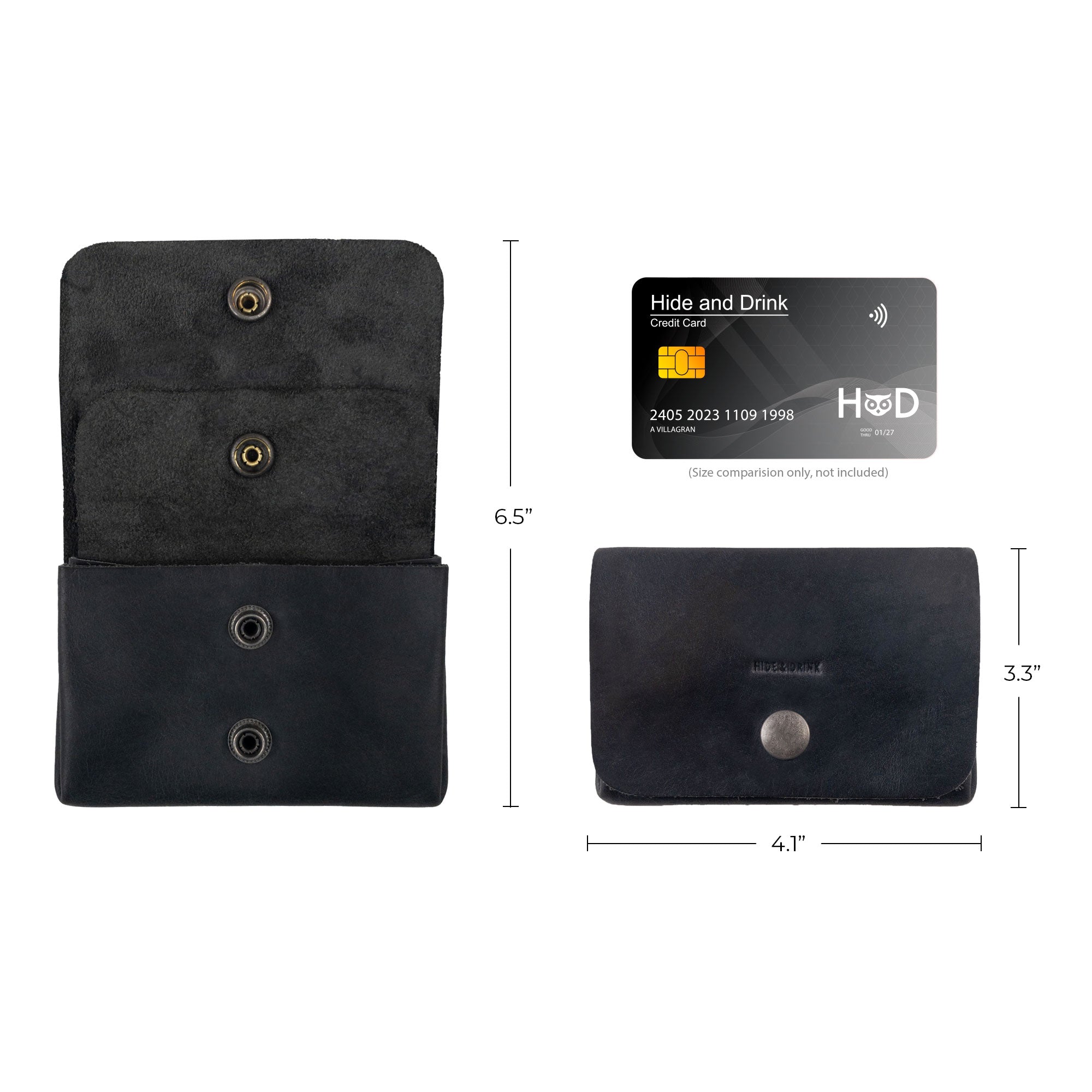 Dimensions of the black Double Pouch Card Wallet by Hide & Drink, with a credit card for size comparison. This Leather Double Pouch Card Wallet is ideal as a card organizer, cash holder, and double pouch, appealing to both men and women. Handmade in La Antigua Guatemala & Oaxaca Mexico.